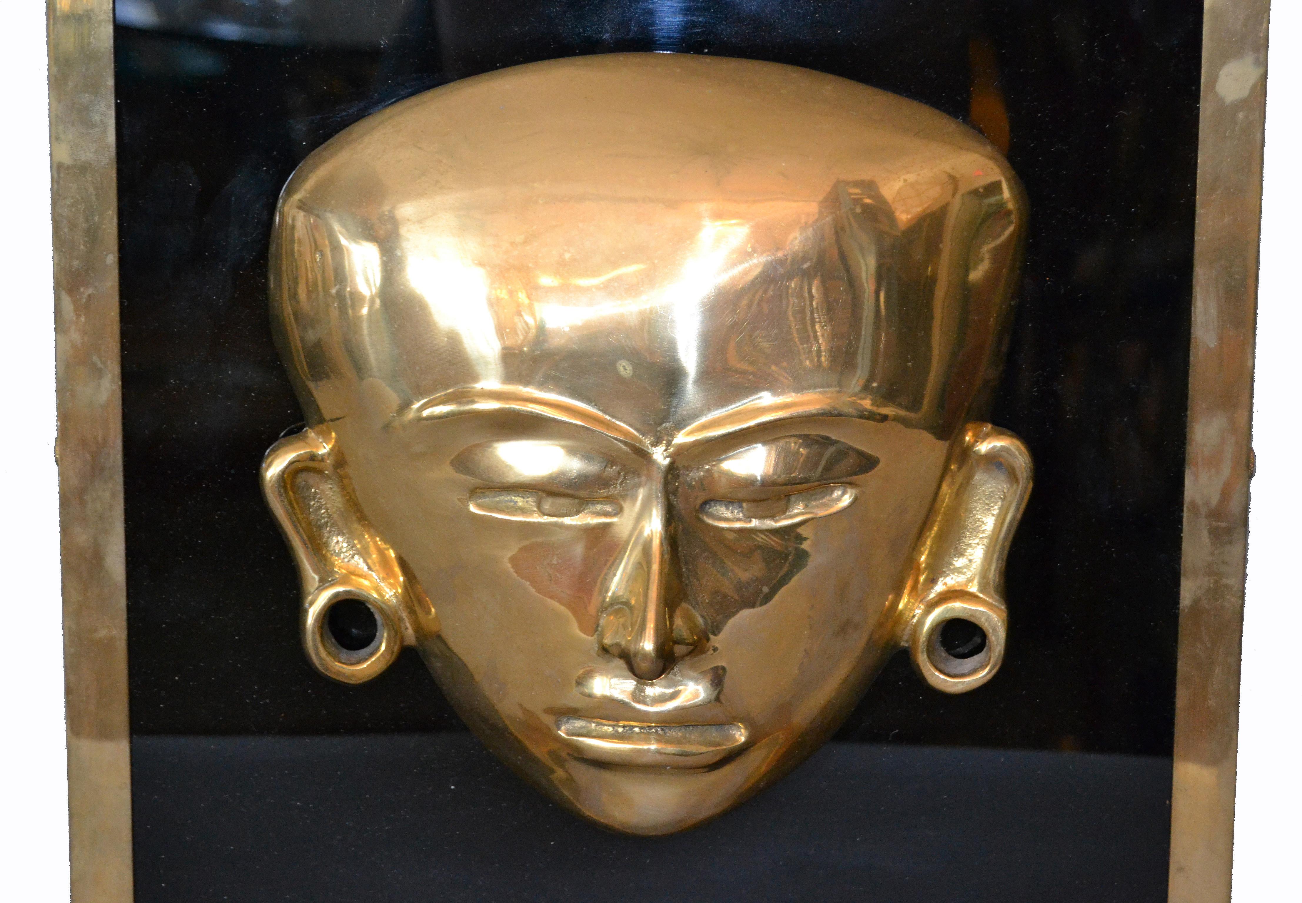 Folk Art Bronze Framed Brass African Mask on Black Glass Table Art
