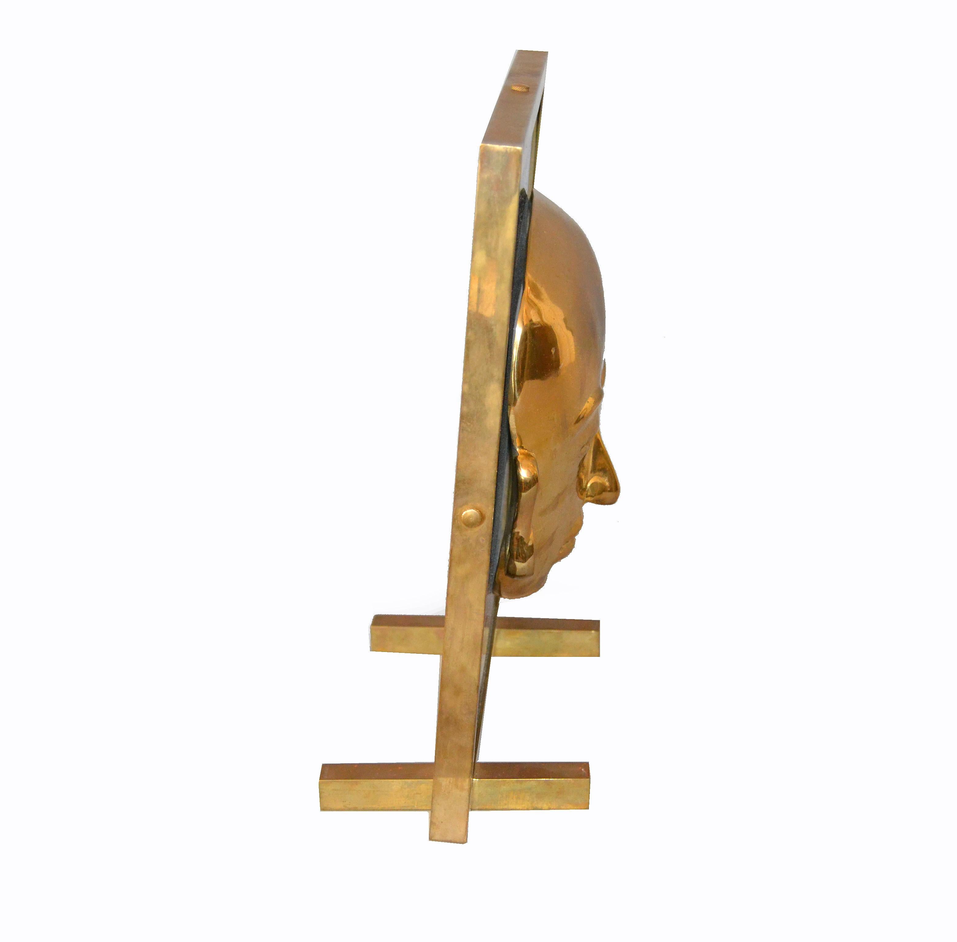 Bronze Framed Brass African Mask on Black Glass Table Art 1
