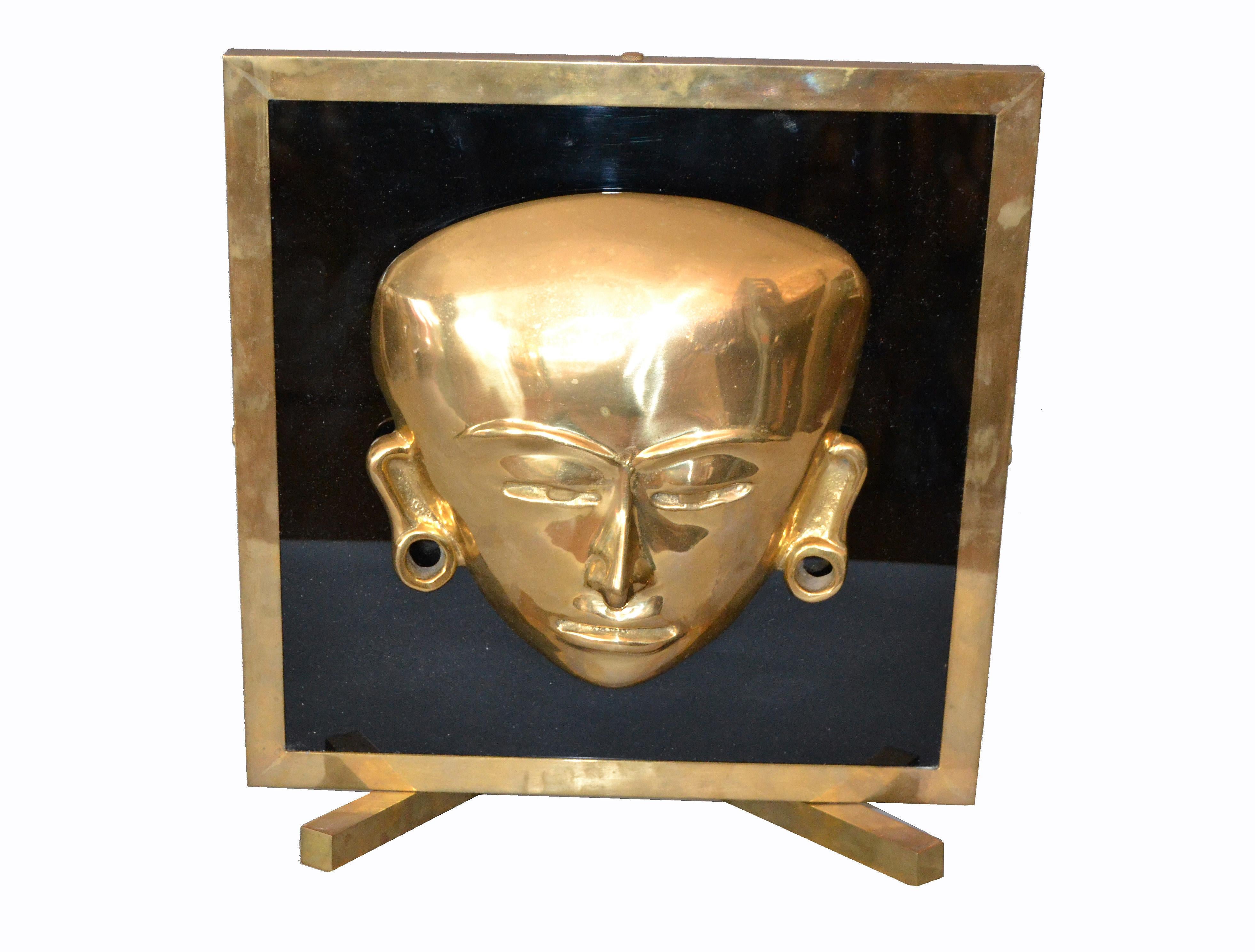 Bronze Framed Brass African Mask on Black Glass Table Art 3