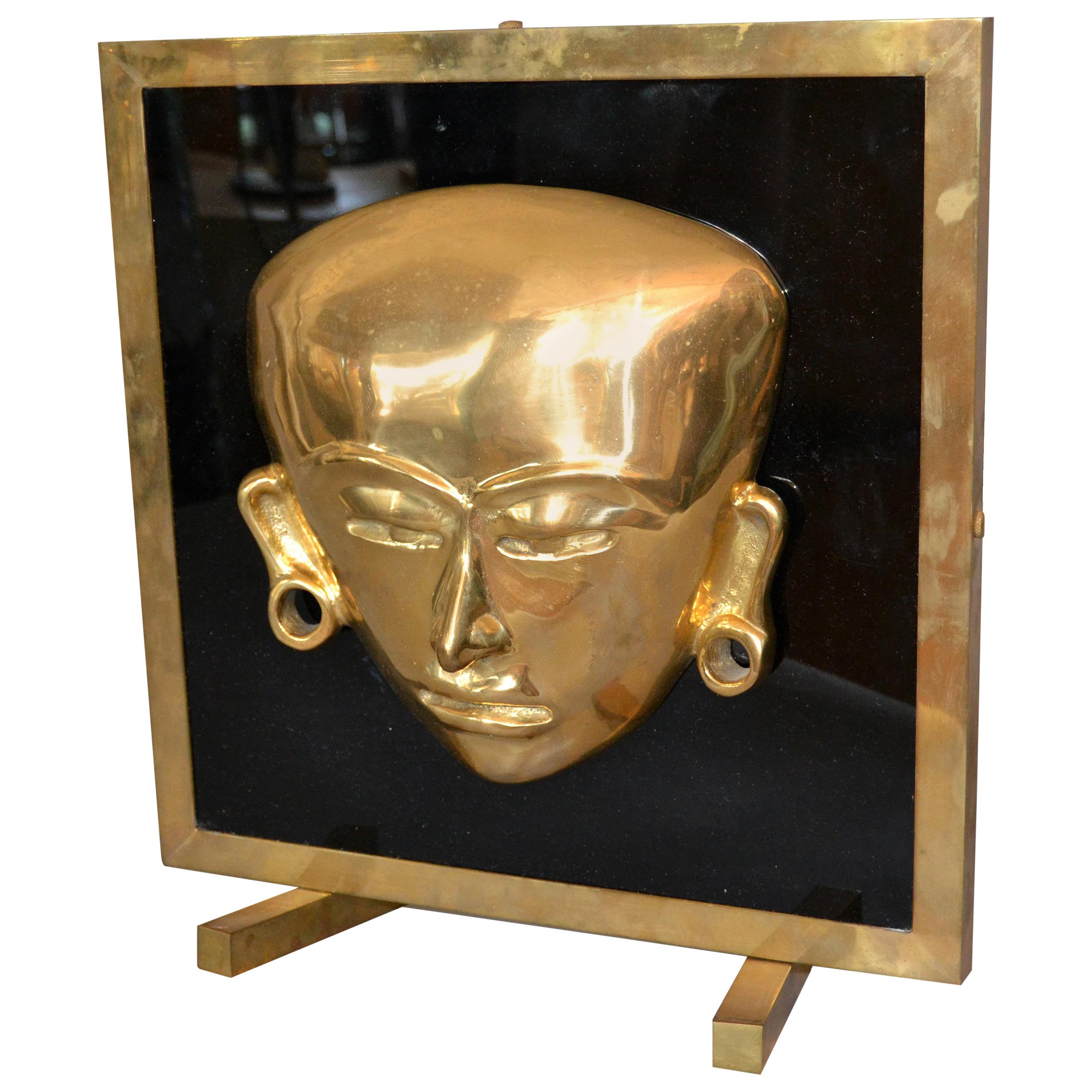 Bronze Framed Brass African Mask on Black Glass Table Art