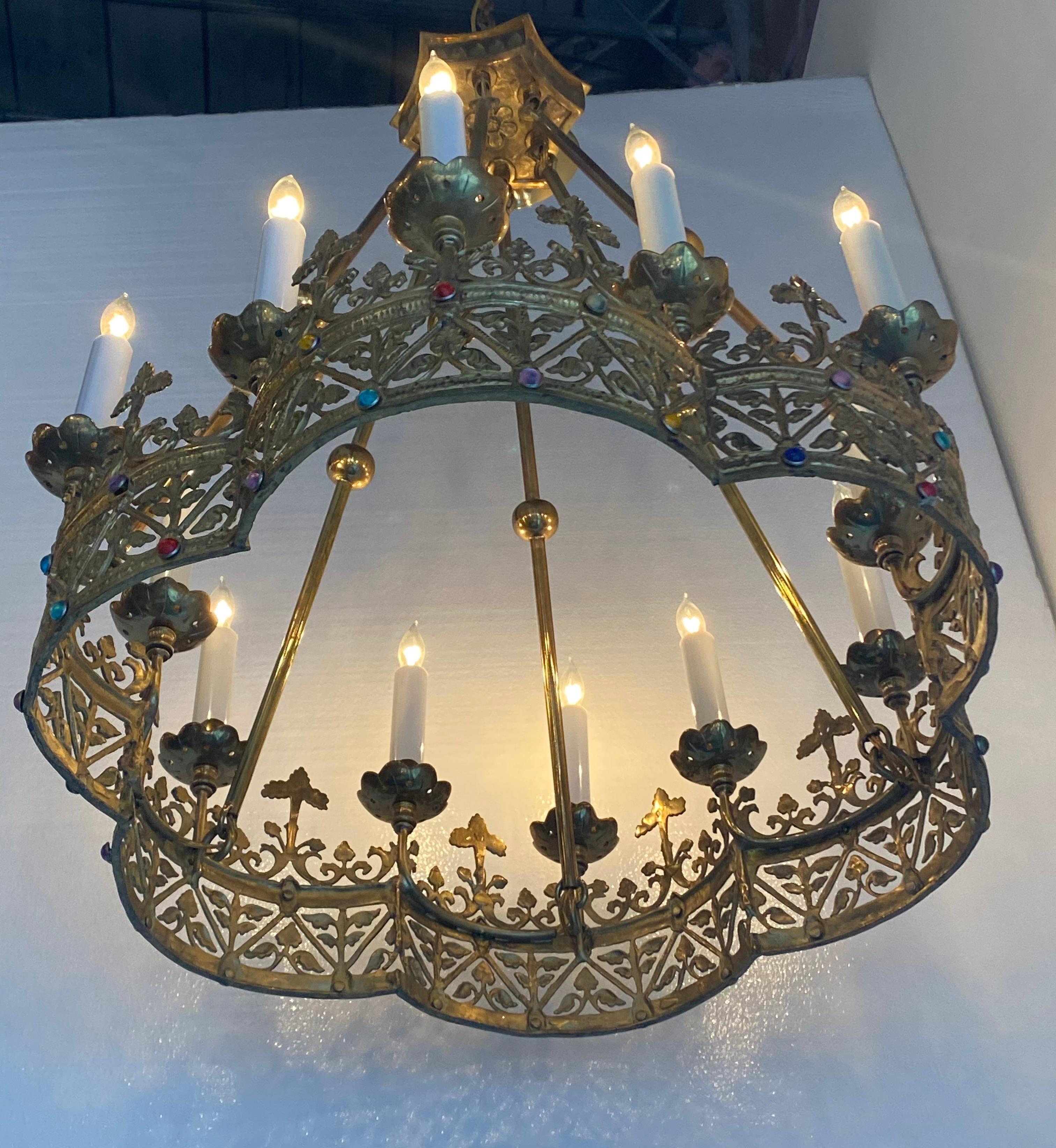 Crown bronze chandelier, Unique from France with multi-color crystals around, 12 lights, 12-4