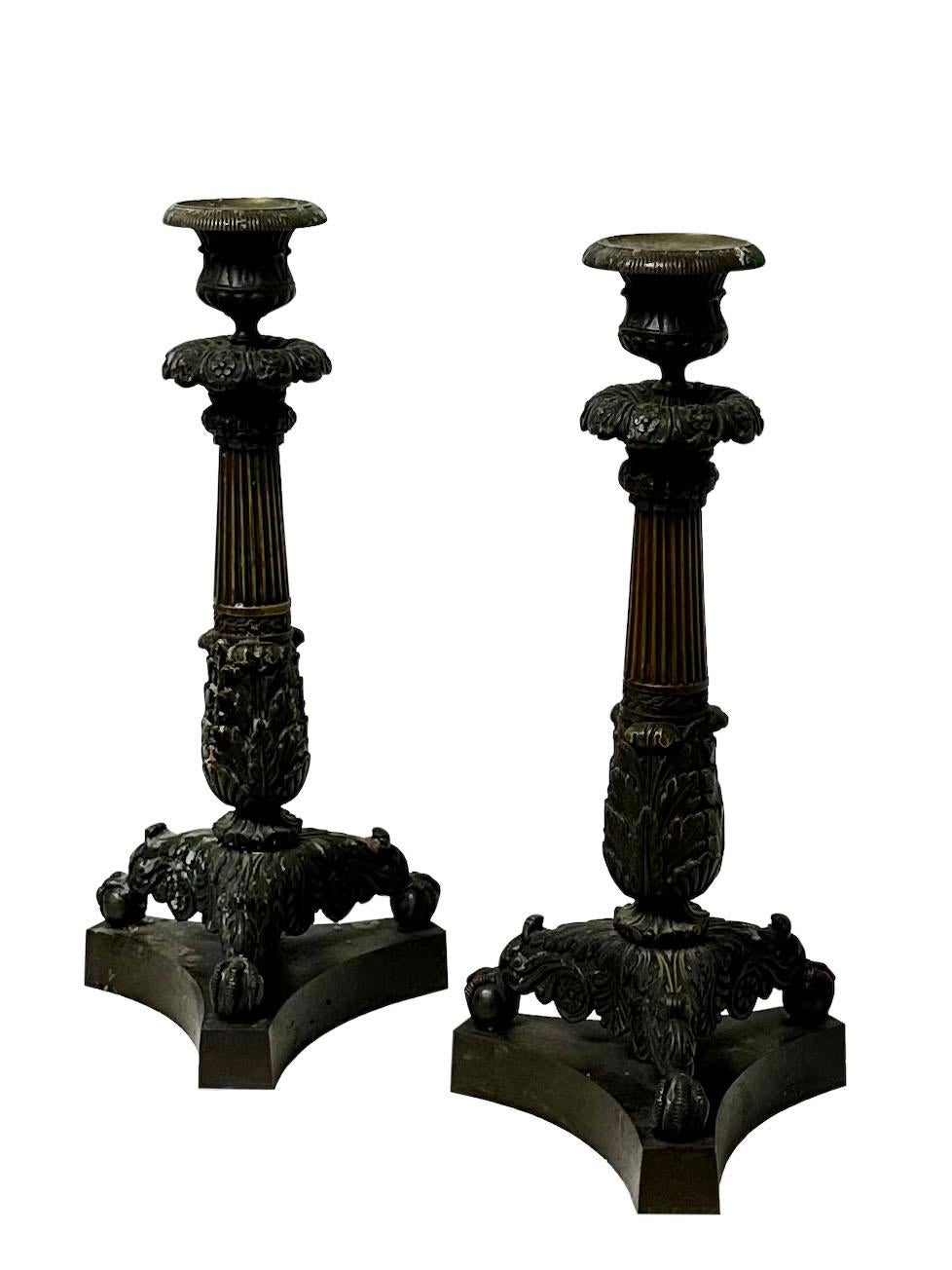 Bronze French Early Empire Candlesticks   In Good Condition For Sale In Tampa, FL