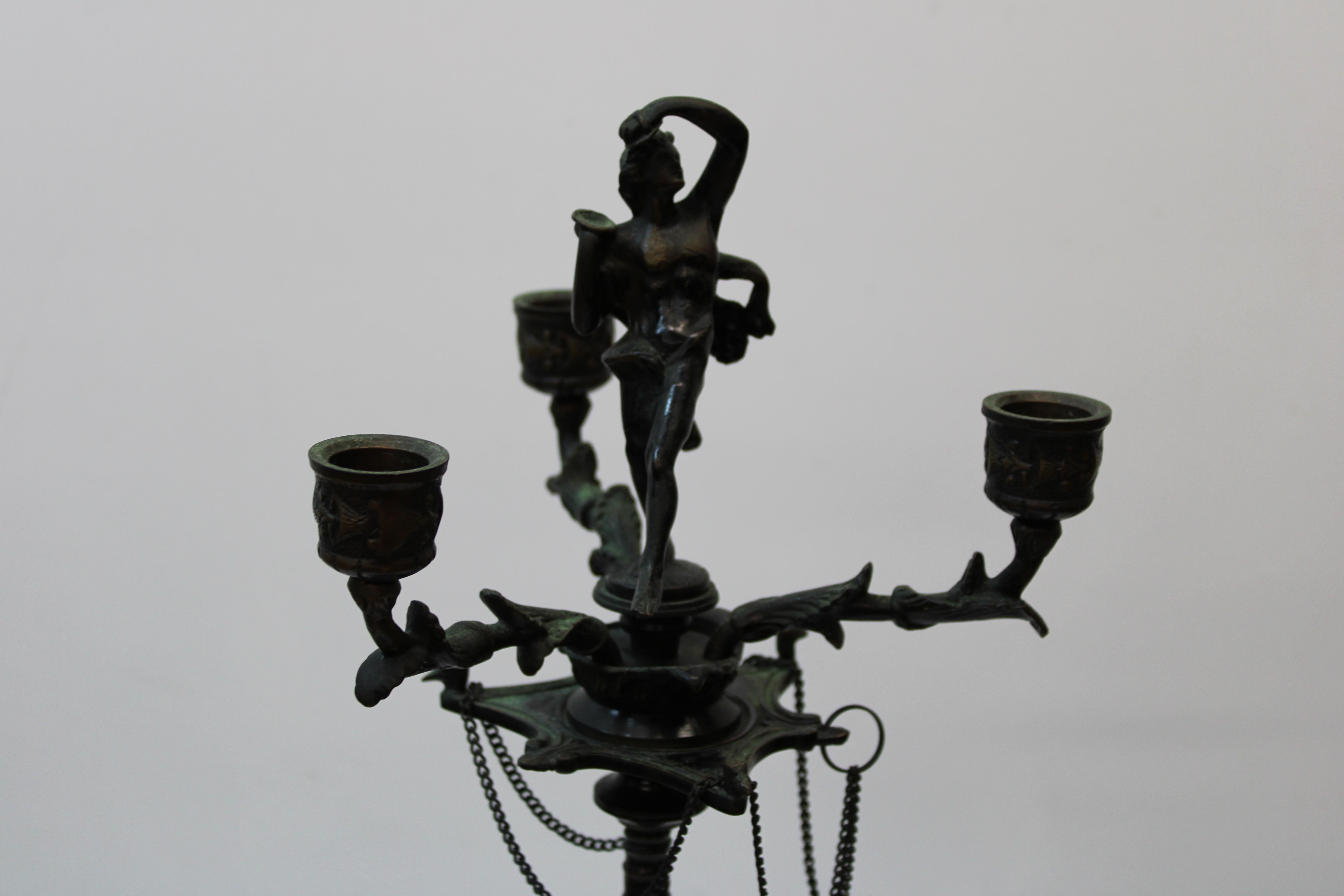 C. 19th century

Bronze French style 3 branch candelabra w/ roman figure, fluted shaft w/ tripod base & paw feet.