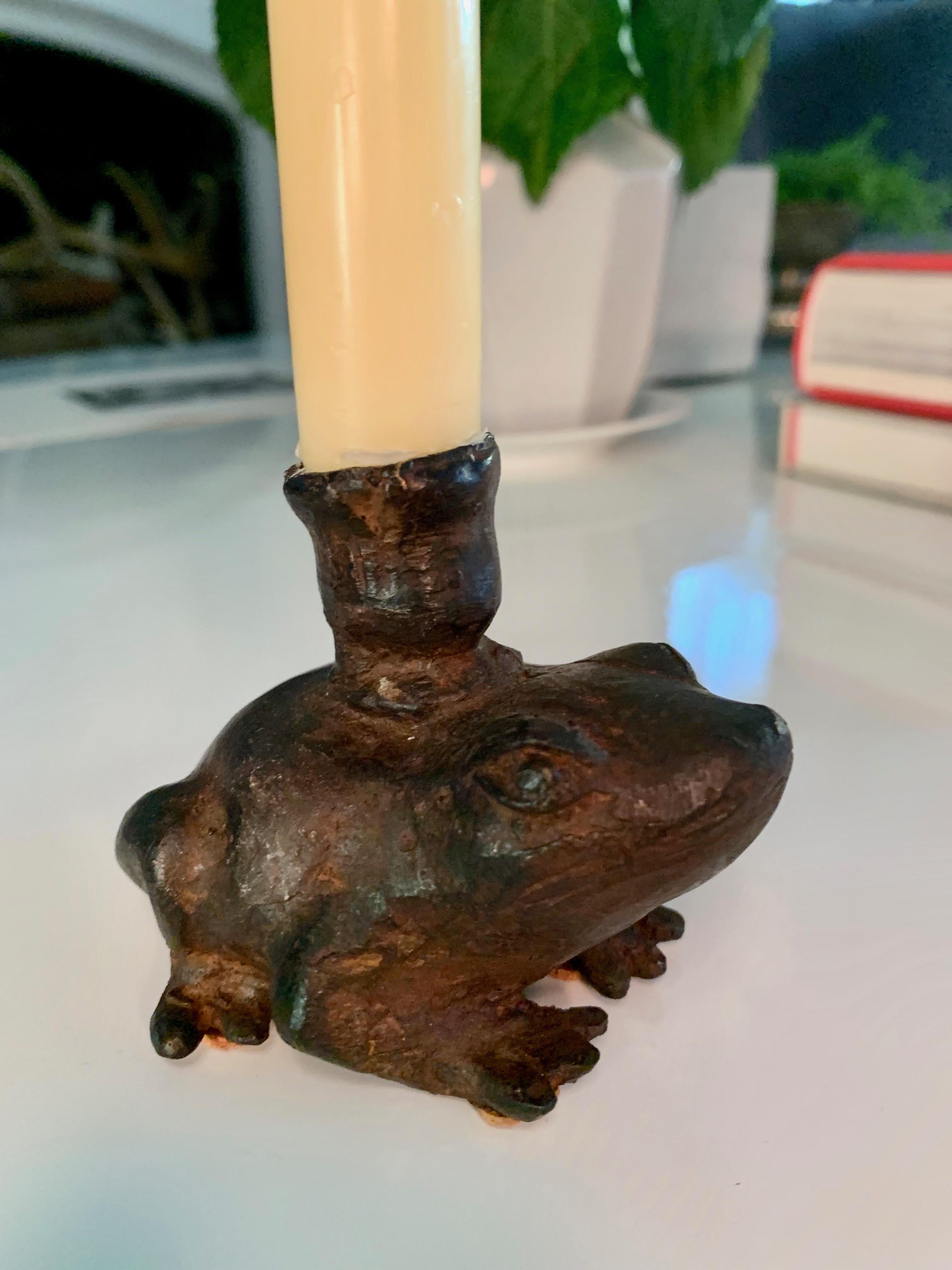 Bronze frog candleholder, a rustic handsomer tadpole with a fabulous ski g9 bro.