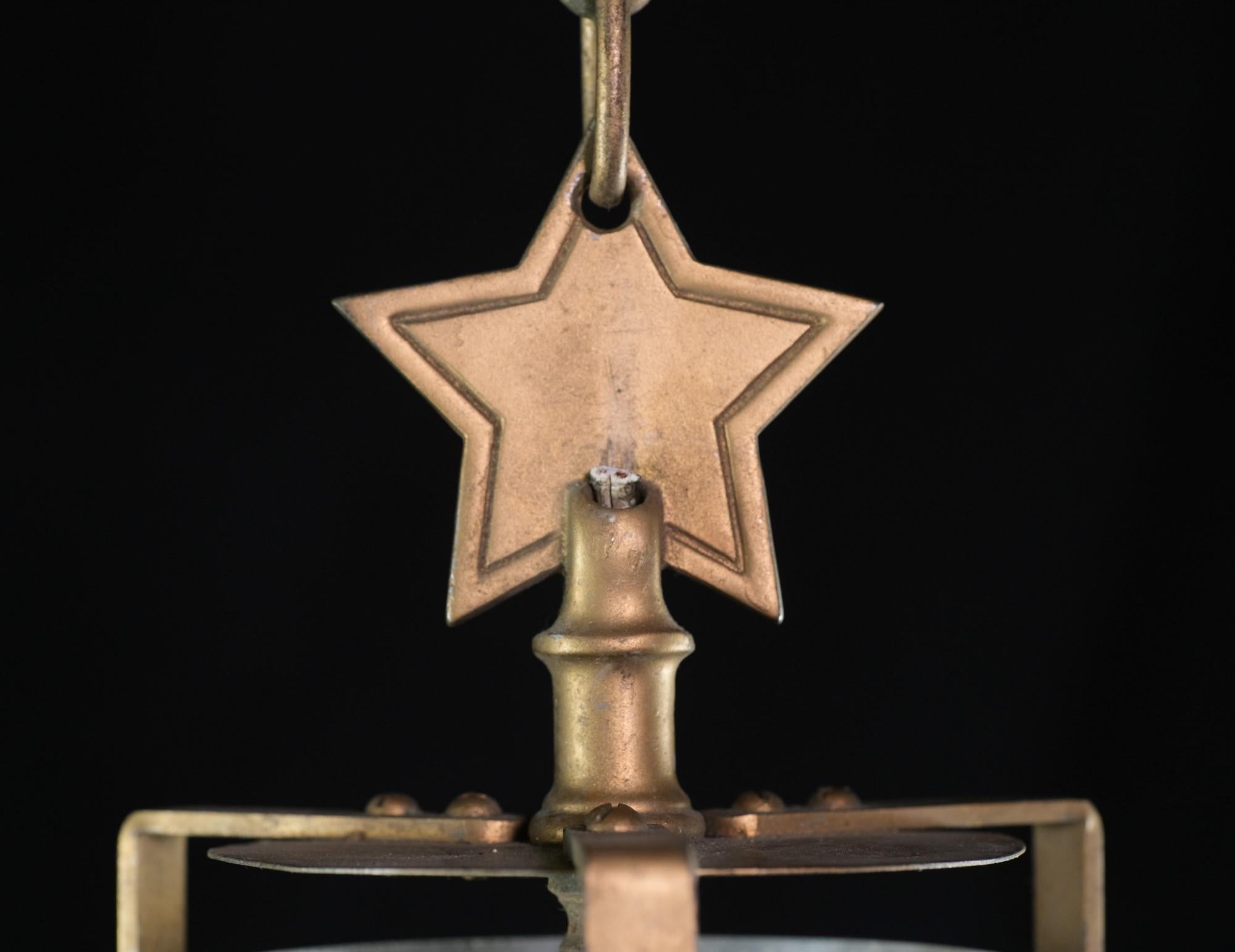 Mid-Century Modern Bronze Frosted Glass Pendant Lantern Star Qty Available