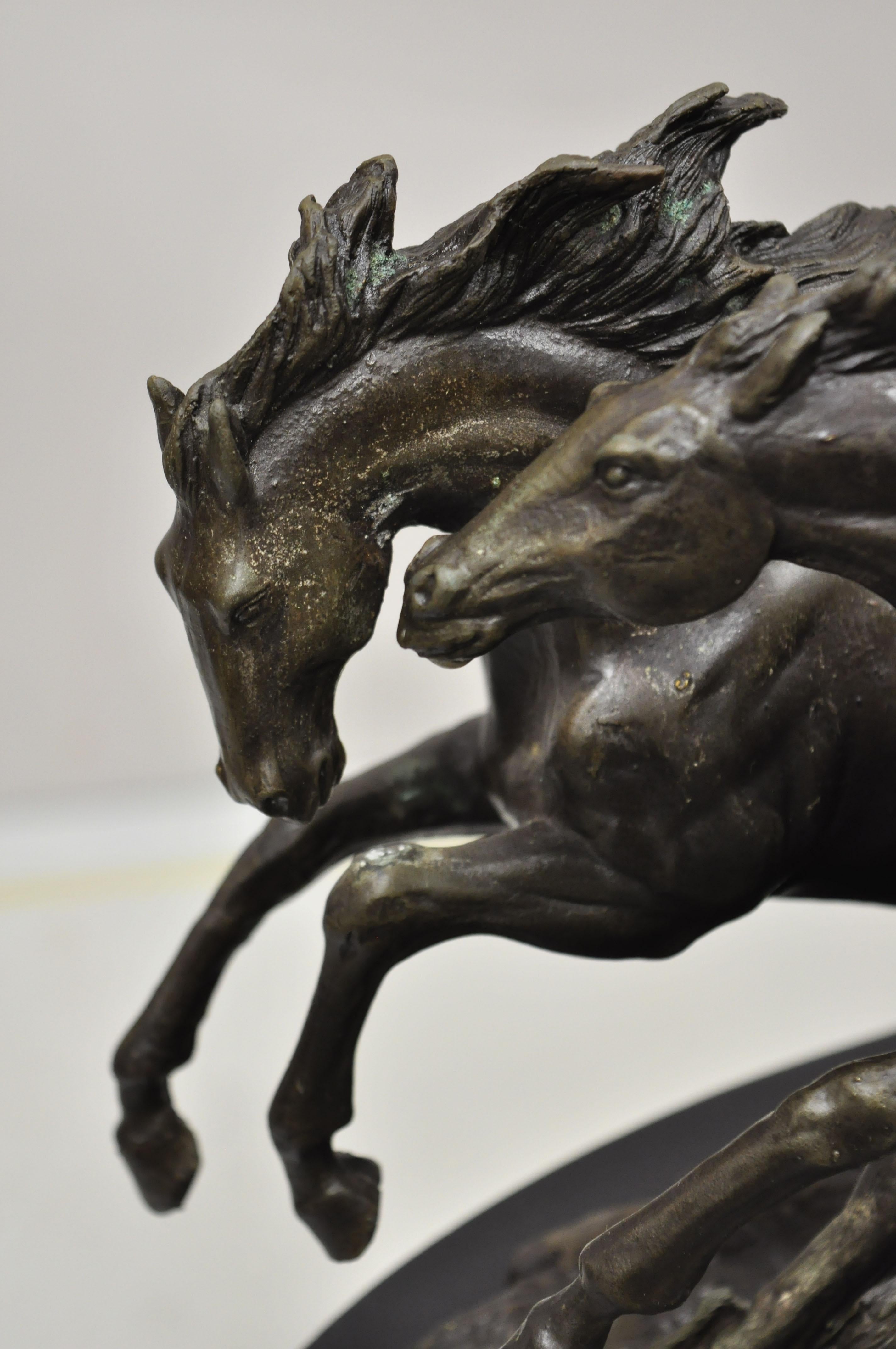 Bronze Galloping Running Horses 9" Statue Sculpture on Marble Base 'A