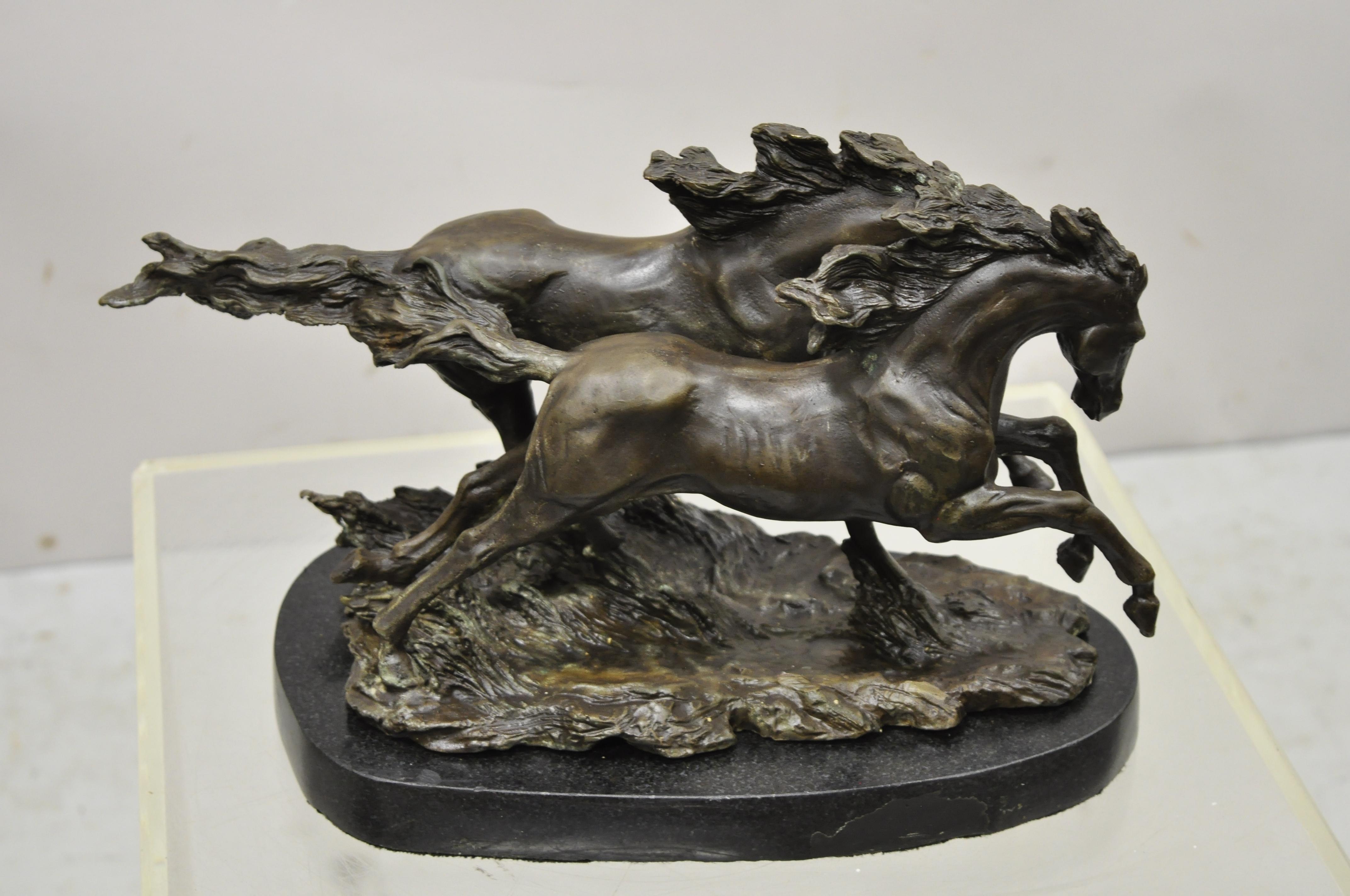Contemporary Bronze Galloping Running Horses Statue Sculpture on Marble Base 'B'