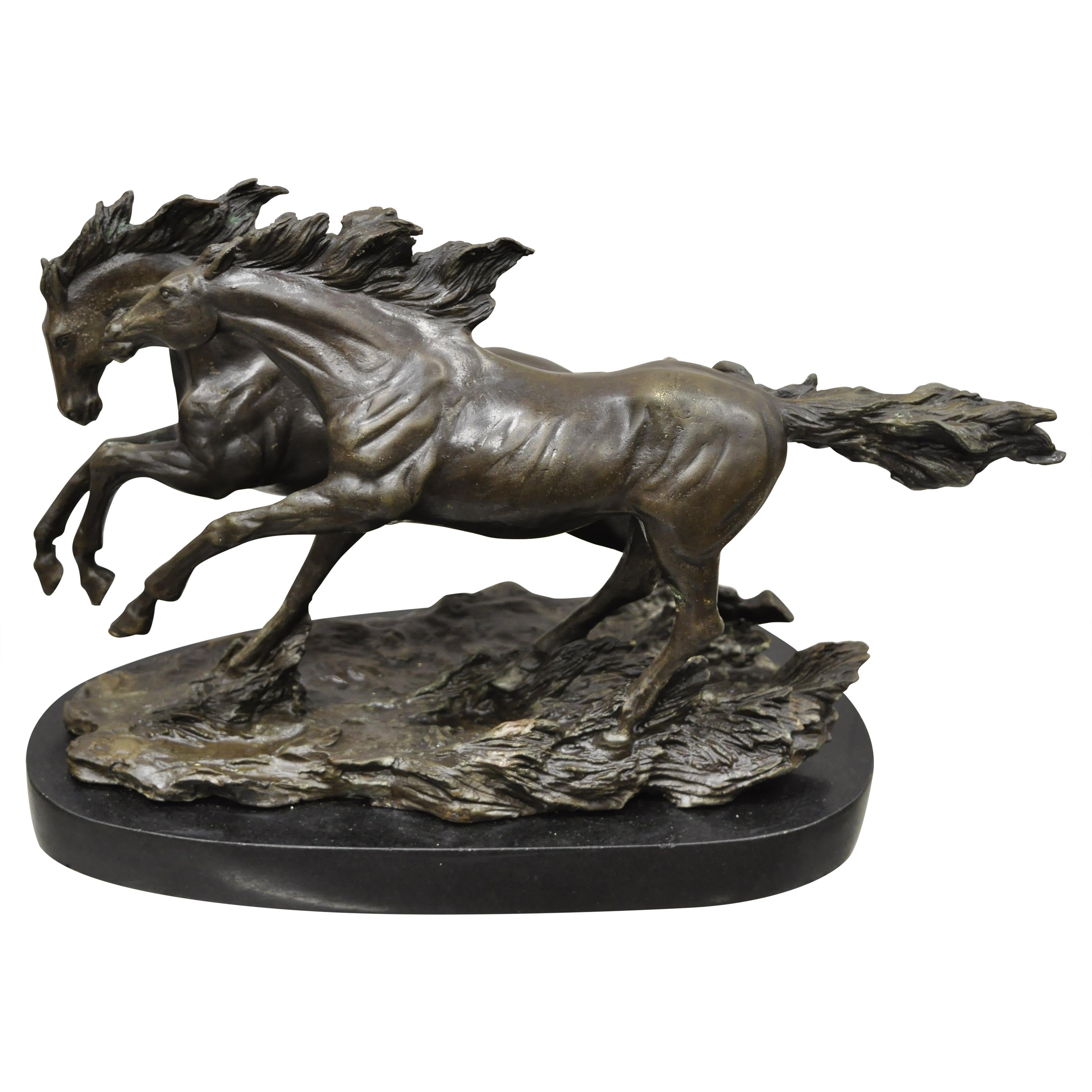 Bronze Galloping Running Horses 9" Statue Sculpture on Marble Base 
A
