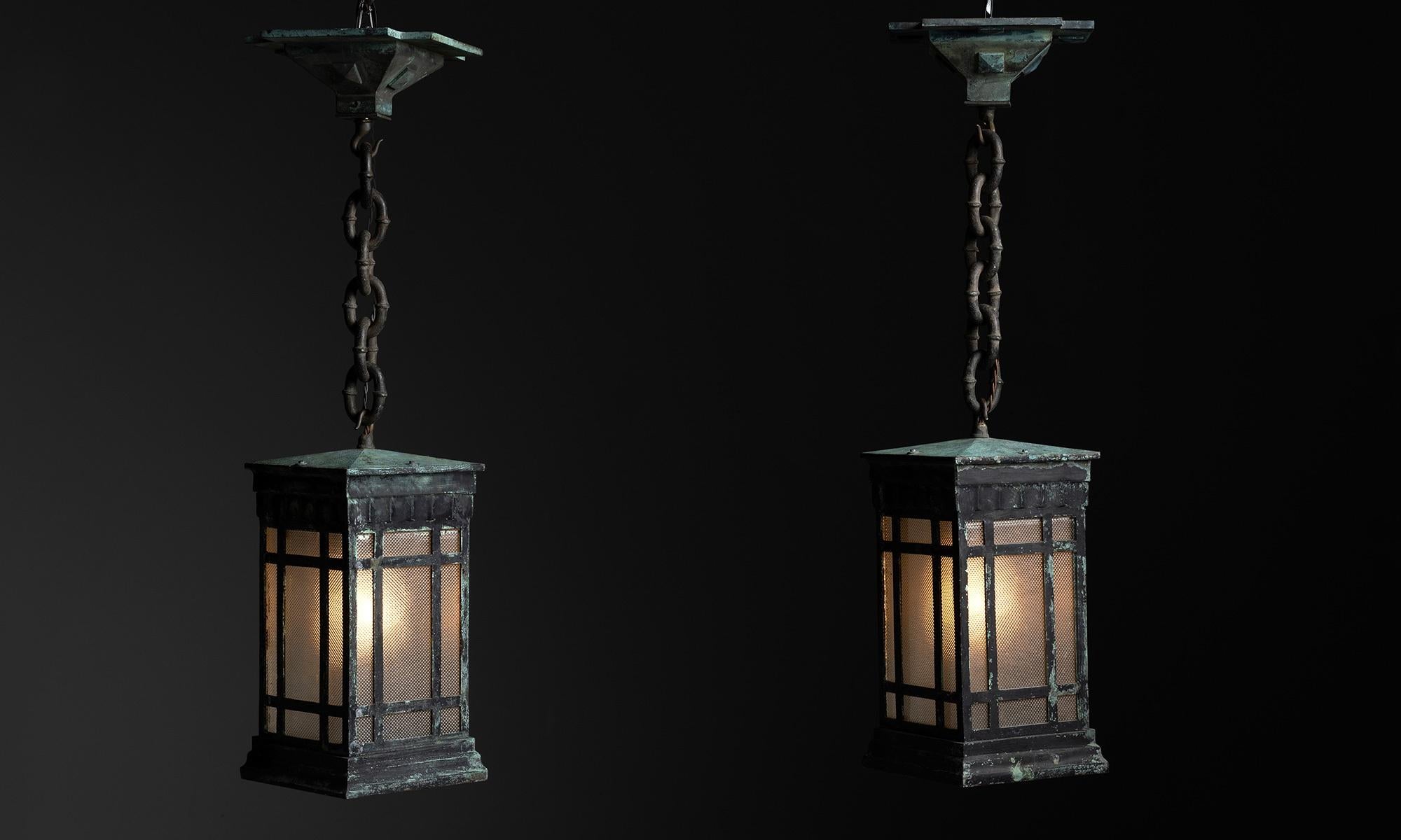 Bronze Garden Lanterns

England circa 1860

Verdigris bronze lanterns with original glass, chain, and canopies.

Measures: 10” L x 10” D x 37.5” H (overall) 16” H (lantern only)

*Please note the price is per unit, and the lights are sold