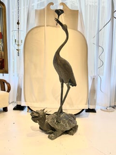 Bronze Garden Sculpture of a Crane w/ Lotus Flower Atop a Dragon Turtle, China