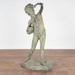Bronze Garden Statue of Boy Holding Crab and Jar, Denmark circa 1960-80