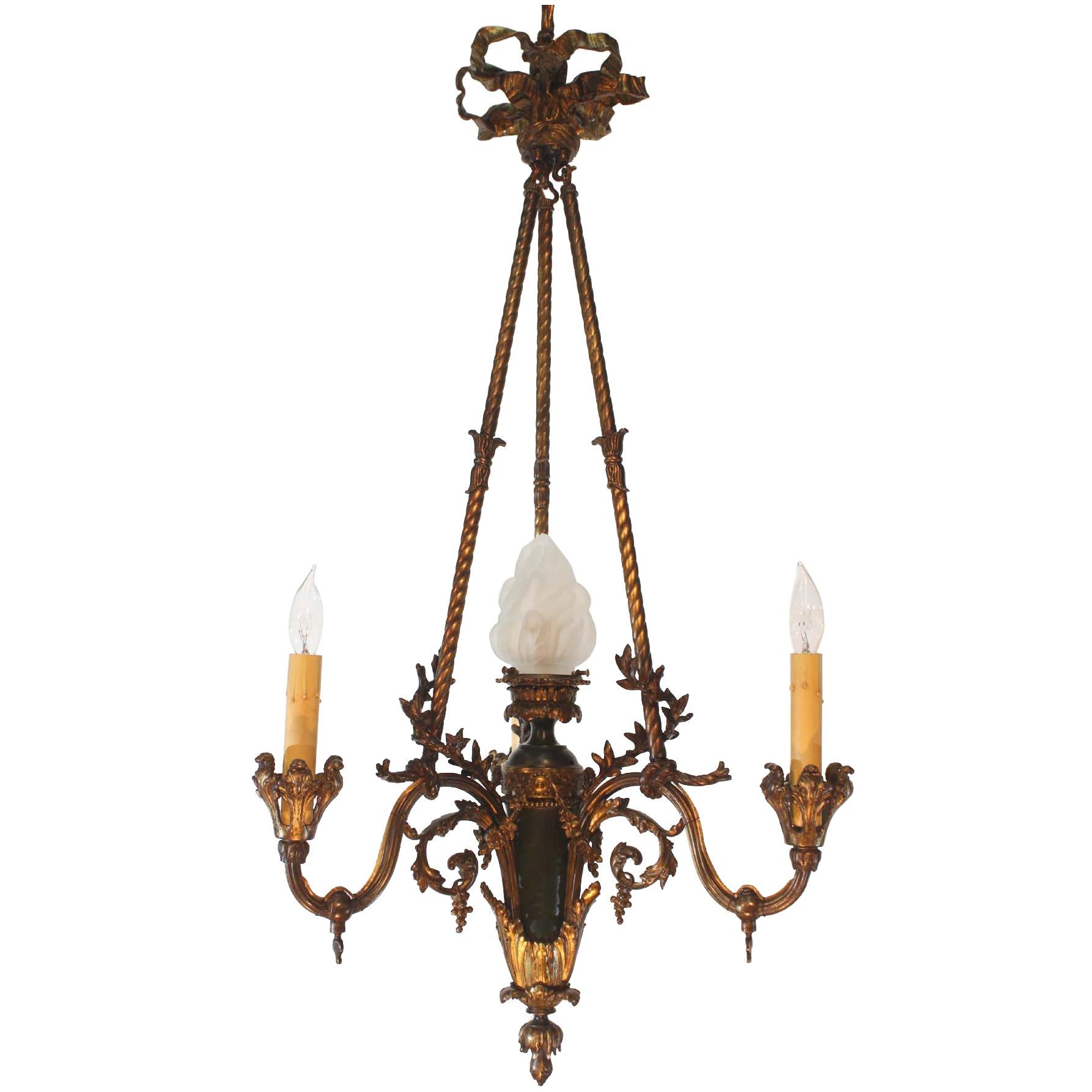 Bronze Gasolier Modeled  with a Central Flambeau Shade