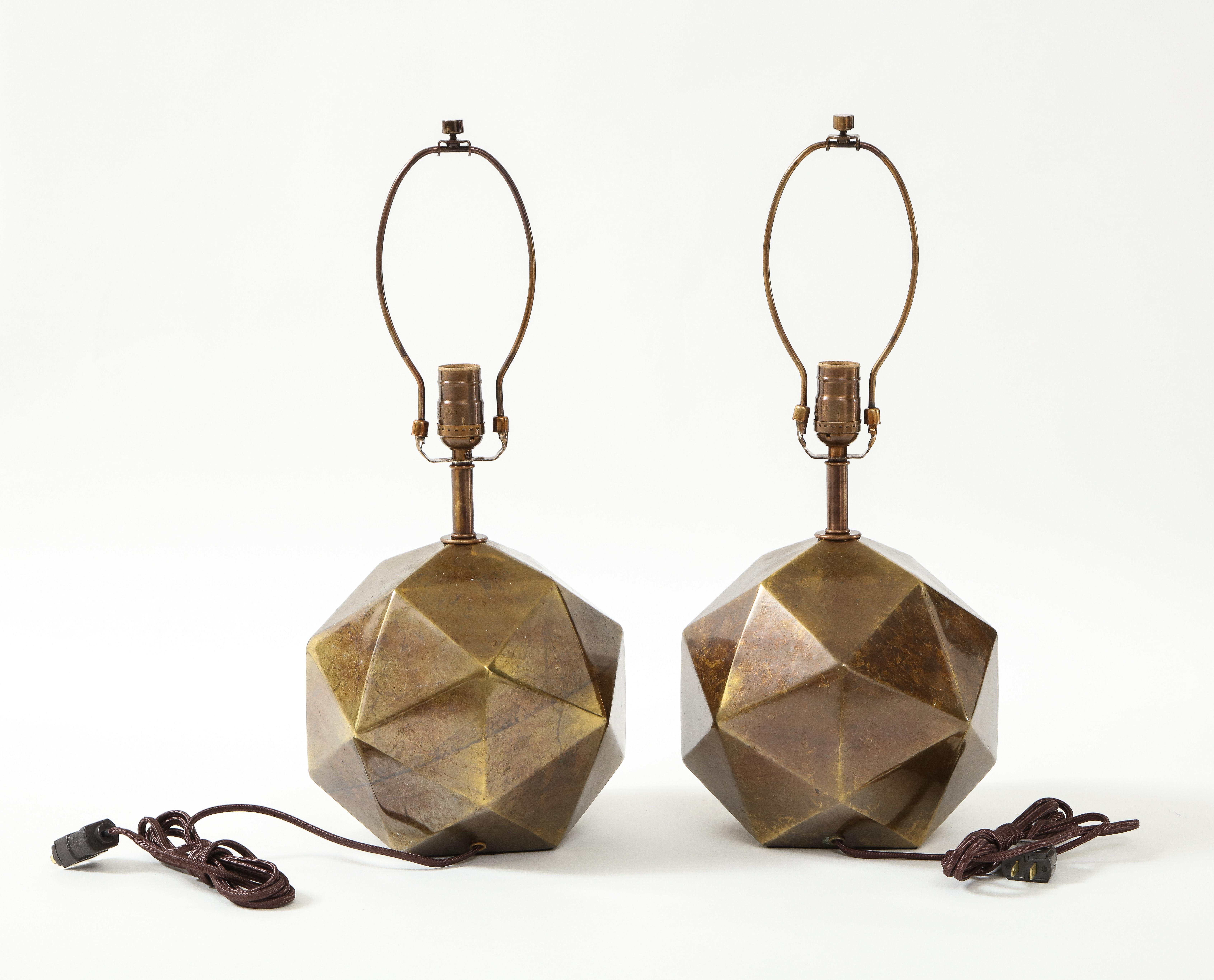 Pair of modernist aged bronze geodesic lamps rewired with black silk cord and new sockets. C. 70s USA.