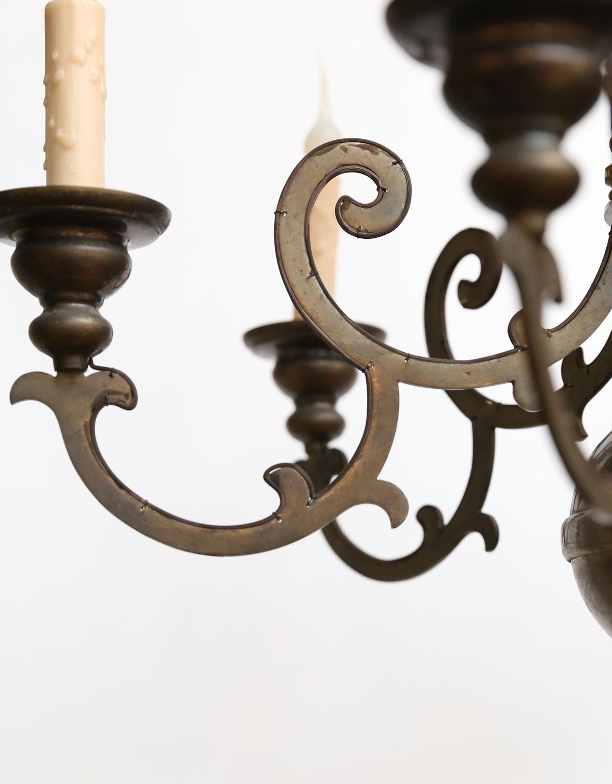 American Classical Antique Bronze Georgian-Style Chandelier with Flat Arms and Beautiful Patina