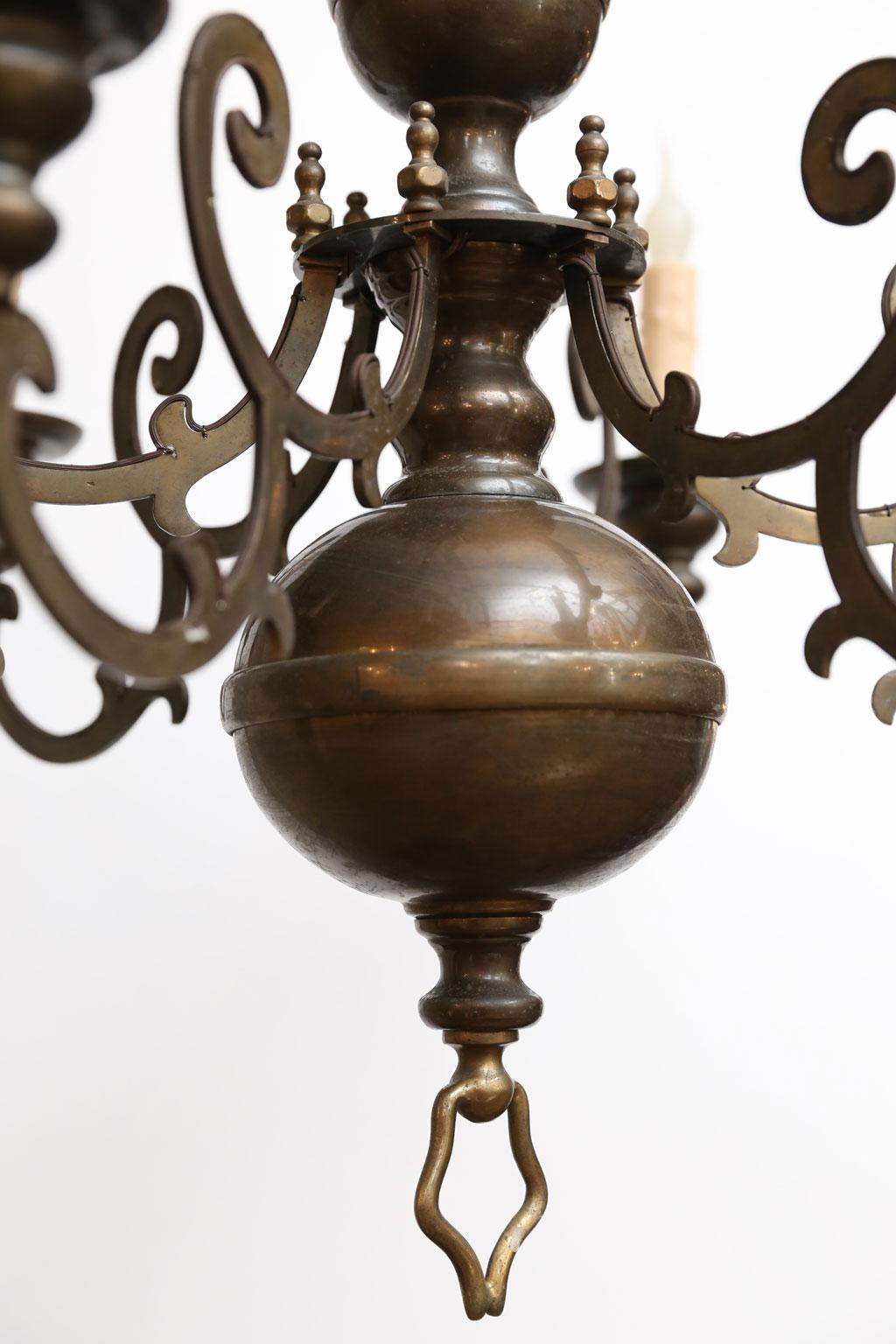 Belgian Antique Bronze Georgian-Style Chandelier with Flat Arms and Beautiful Patina