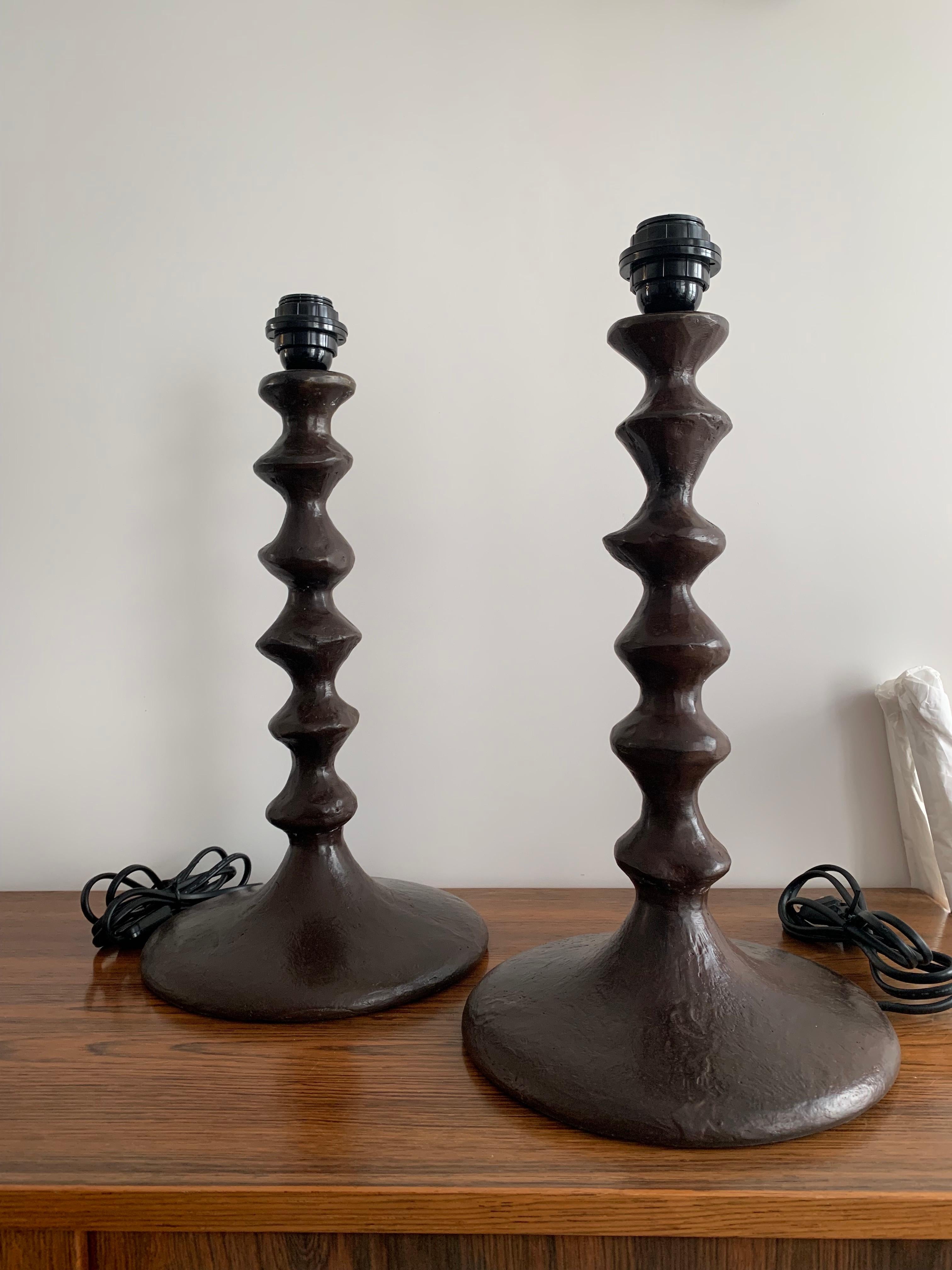20th Century Bronze Giacometti Style Sculptural Table Lamps France 1990 a Pair