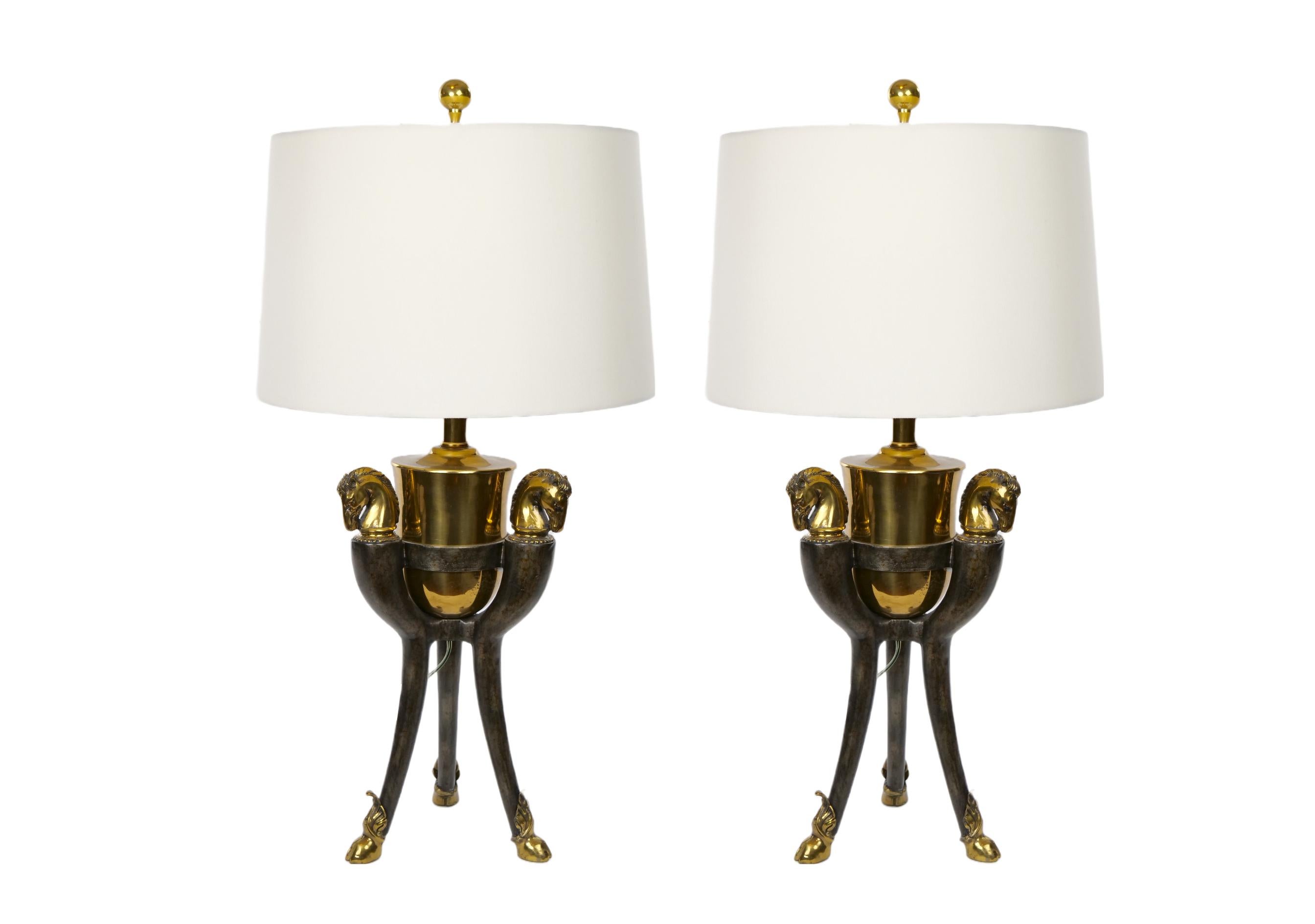  Bronze / Gilt Brass Horse Head Sculpture Pair Table Lamps For Sale 12