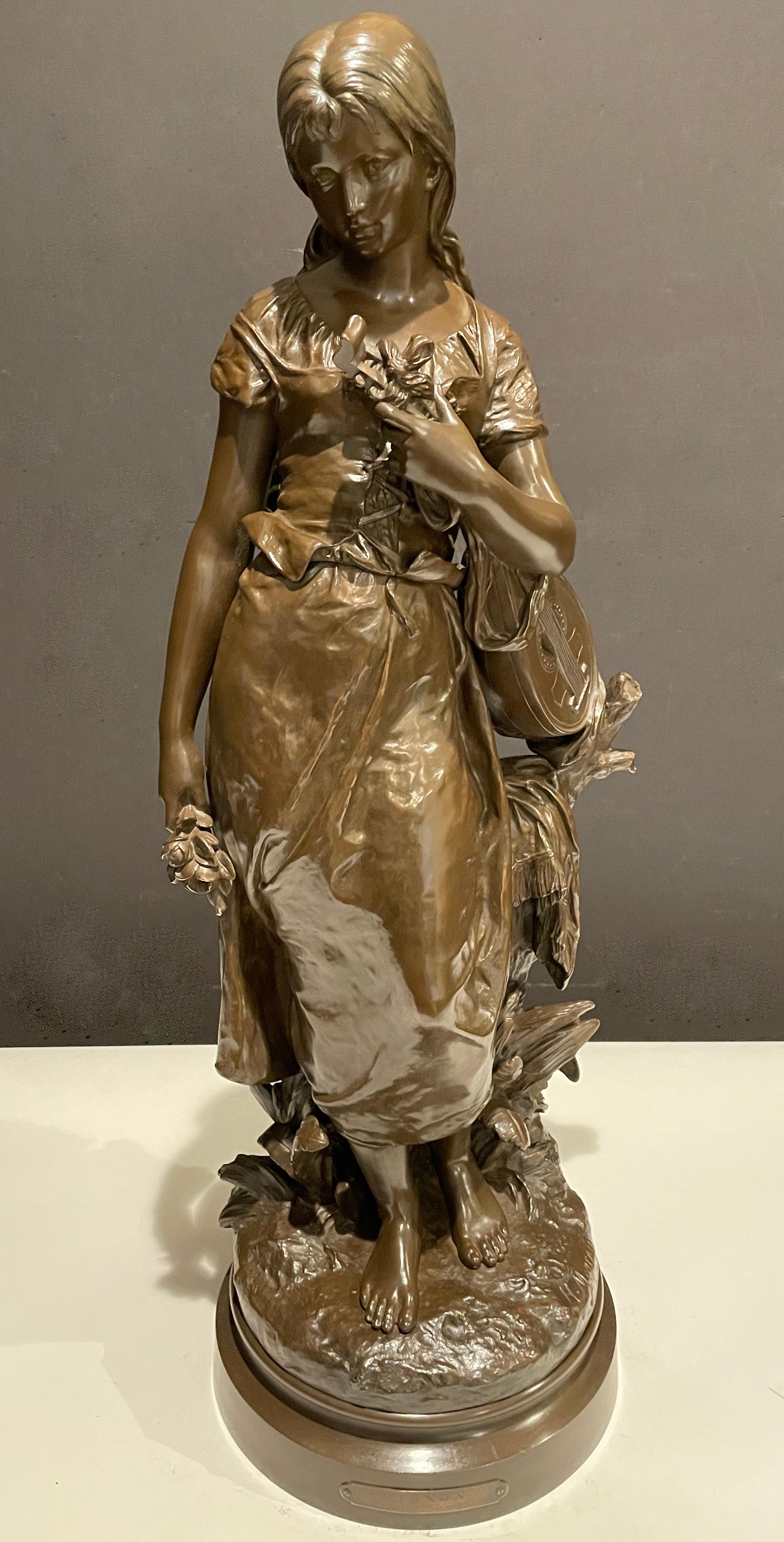 Bronze junges Mädchen von Hippolyte Francois Moreau „Mignon“ aus Bronze (Belle Époque) im Angebot