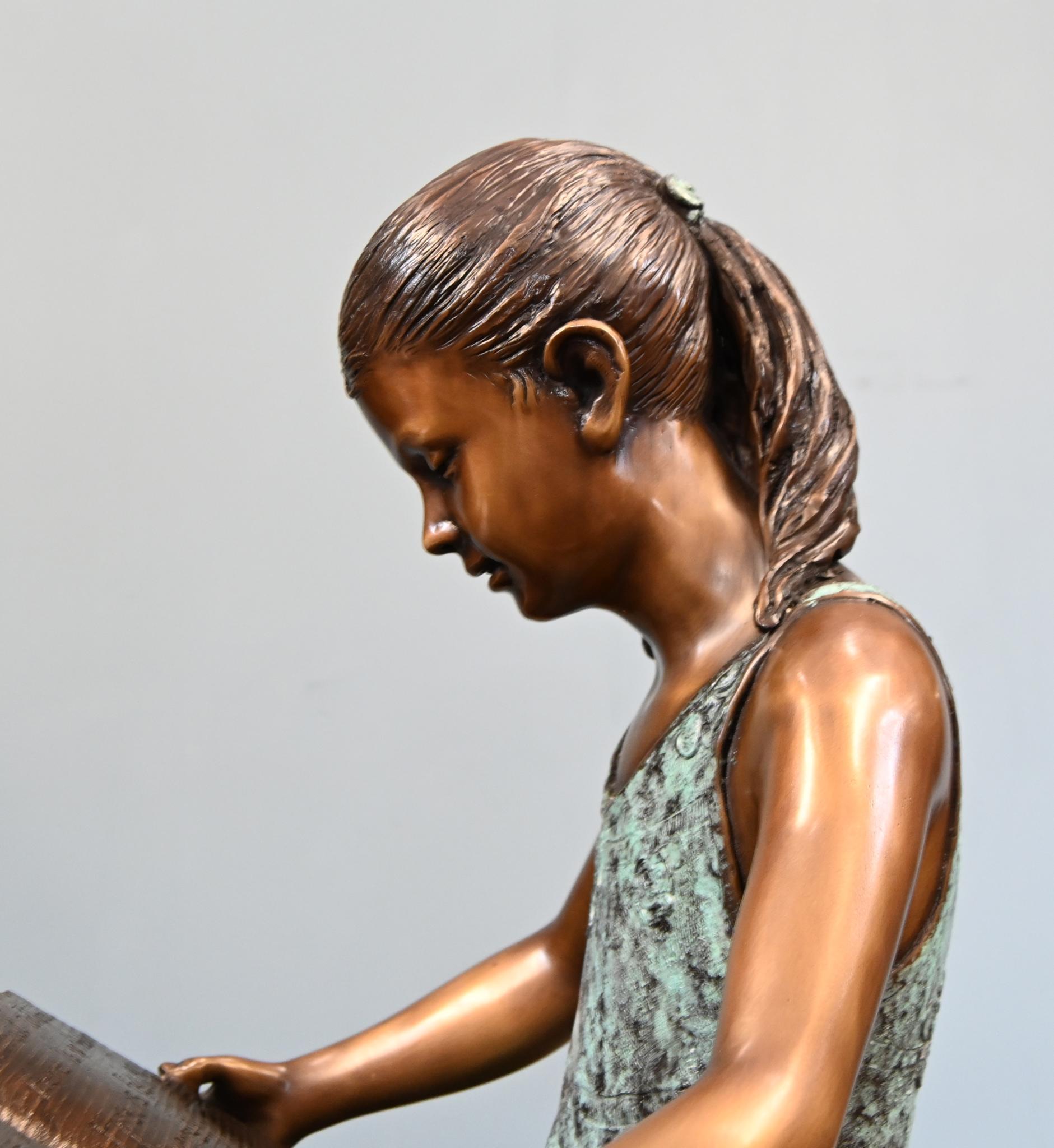 Bronzed Bronze Girl Reading Statue Tabletop Casting For Sale