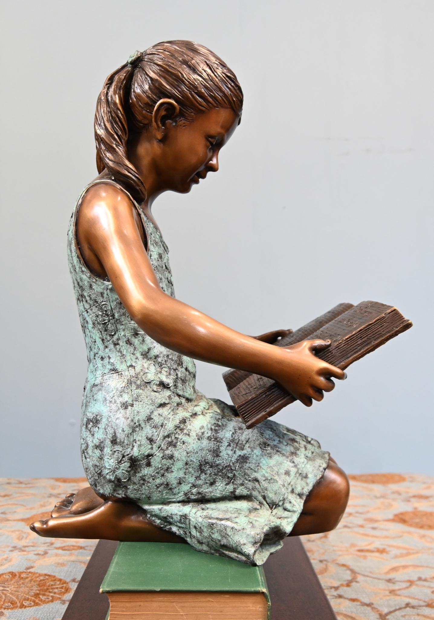 Bronze Girl Reading Statue Tabletop Casting For Sale 1
