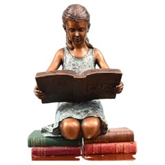 Vintage Bronze Girl Reading Statue Tabletop Casting