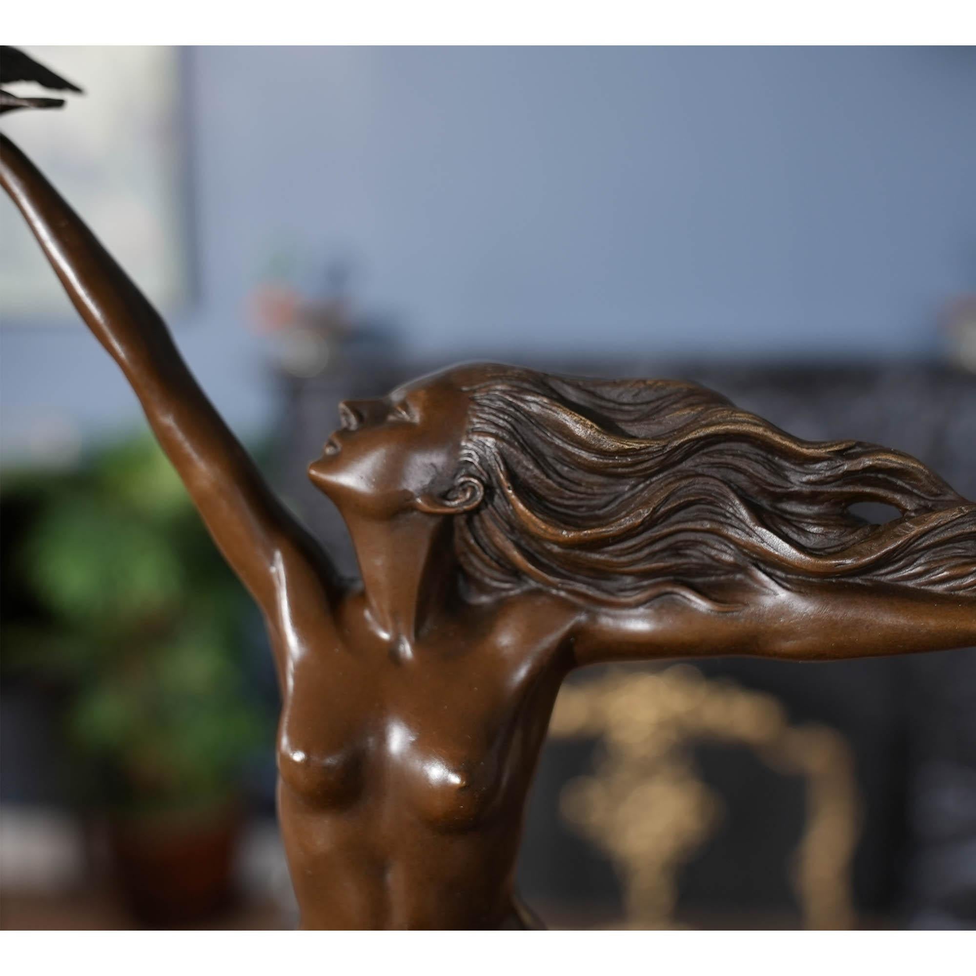 Hand-Crafted Bronze Girl with Bird on Marble Base For Sale