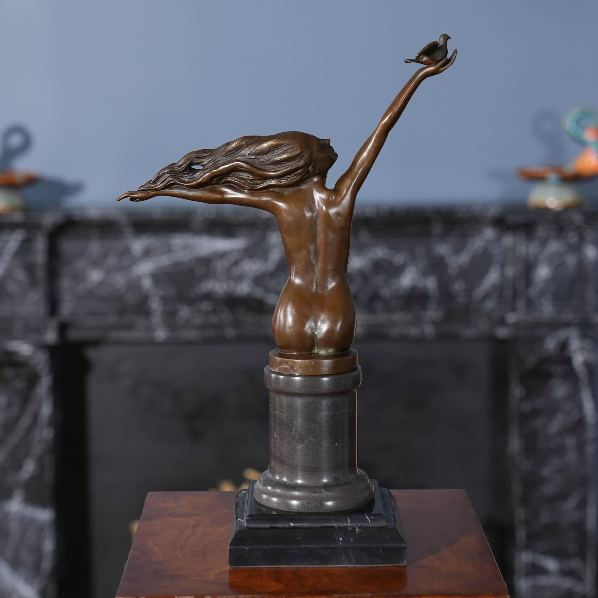 Contemporary Bronze Girl with Bird on Marble Base For Sale