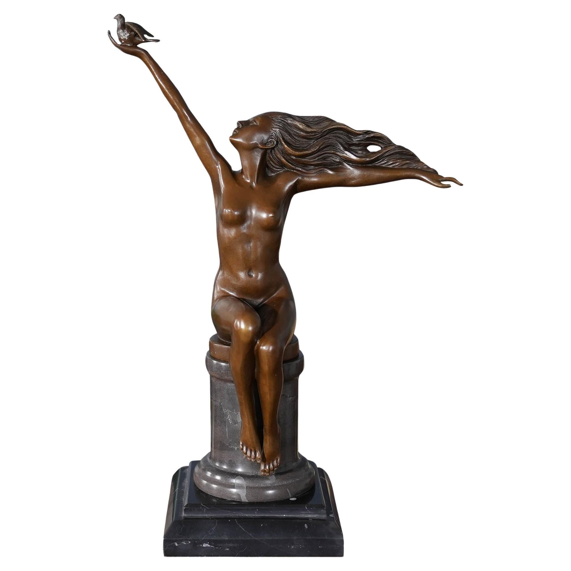Bronze Girl with Bird on Marble Base For Sale