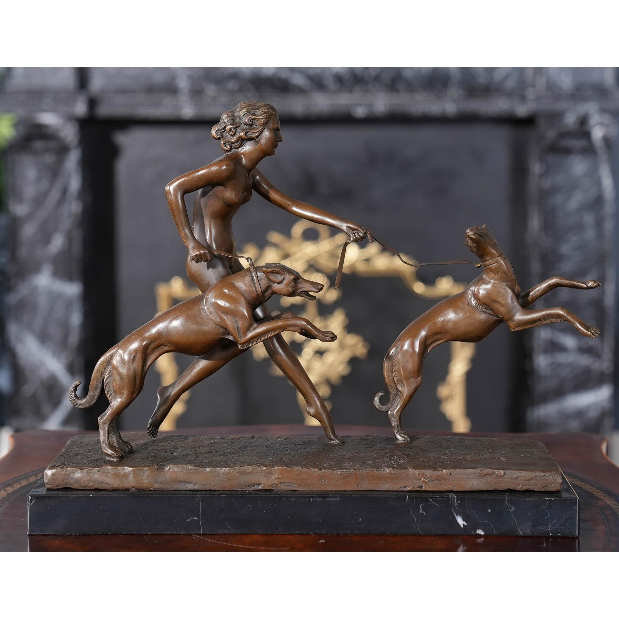 Graceful even when motionless the Bronze Girl with Dogs on Marble Base is a striking addition to any setting. Using traditional lost wax casting methods the Bronze Girl with with Dogs statue has hand chaised details added to give a high level of