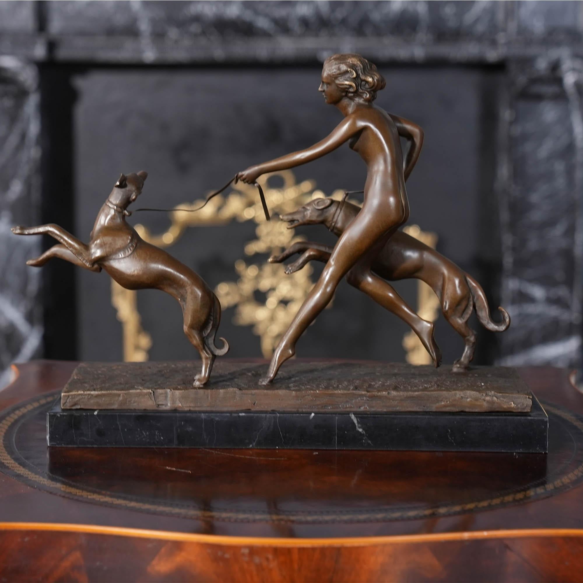 Bronze Girl with Dogs on Marble Base For Sale 3