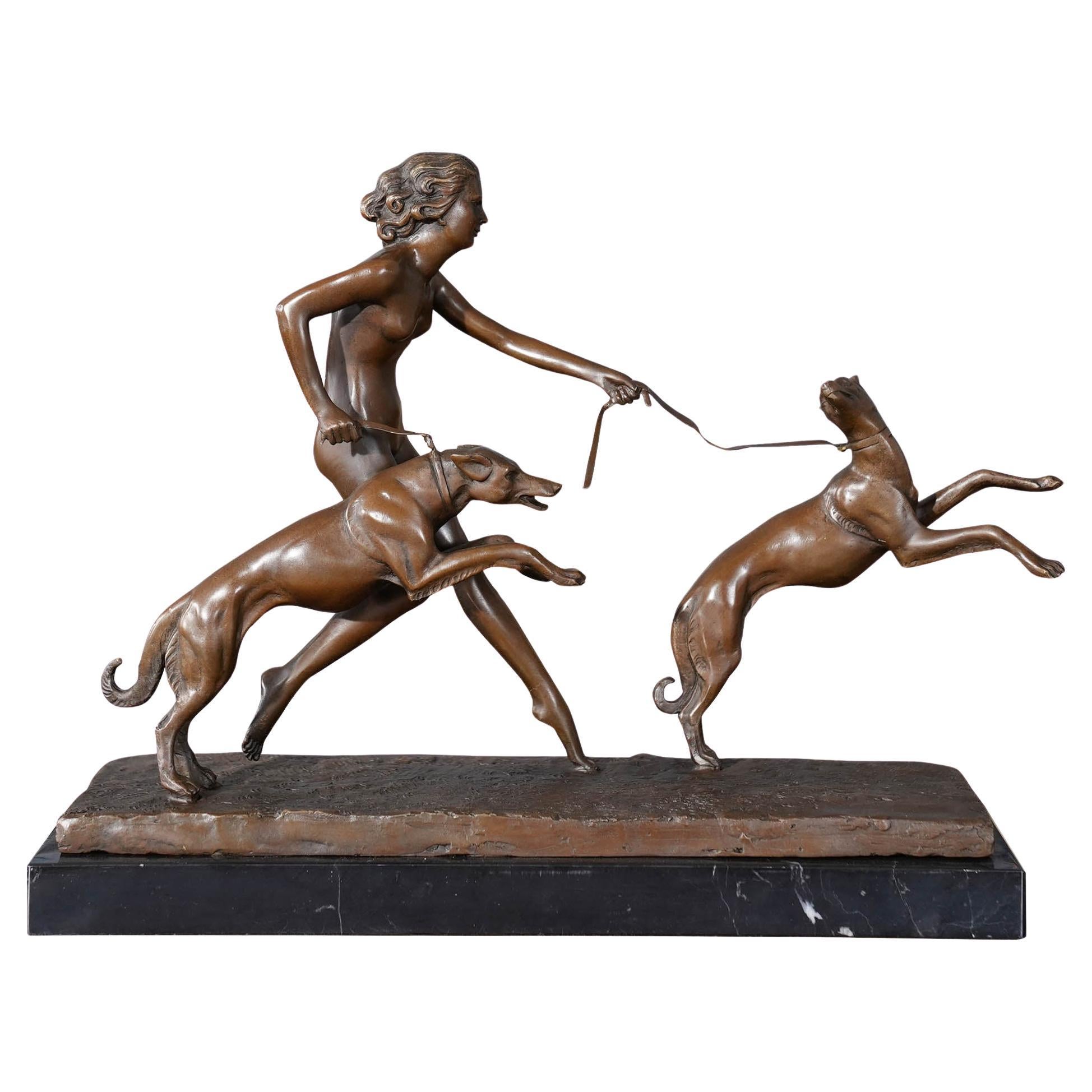 Bronze Girl with Dogs on Marble Base For Sale