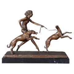 Bronze Girl with Dogs on Marble Base