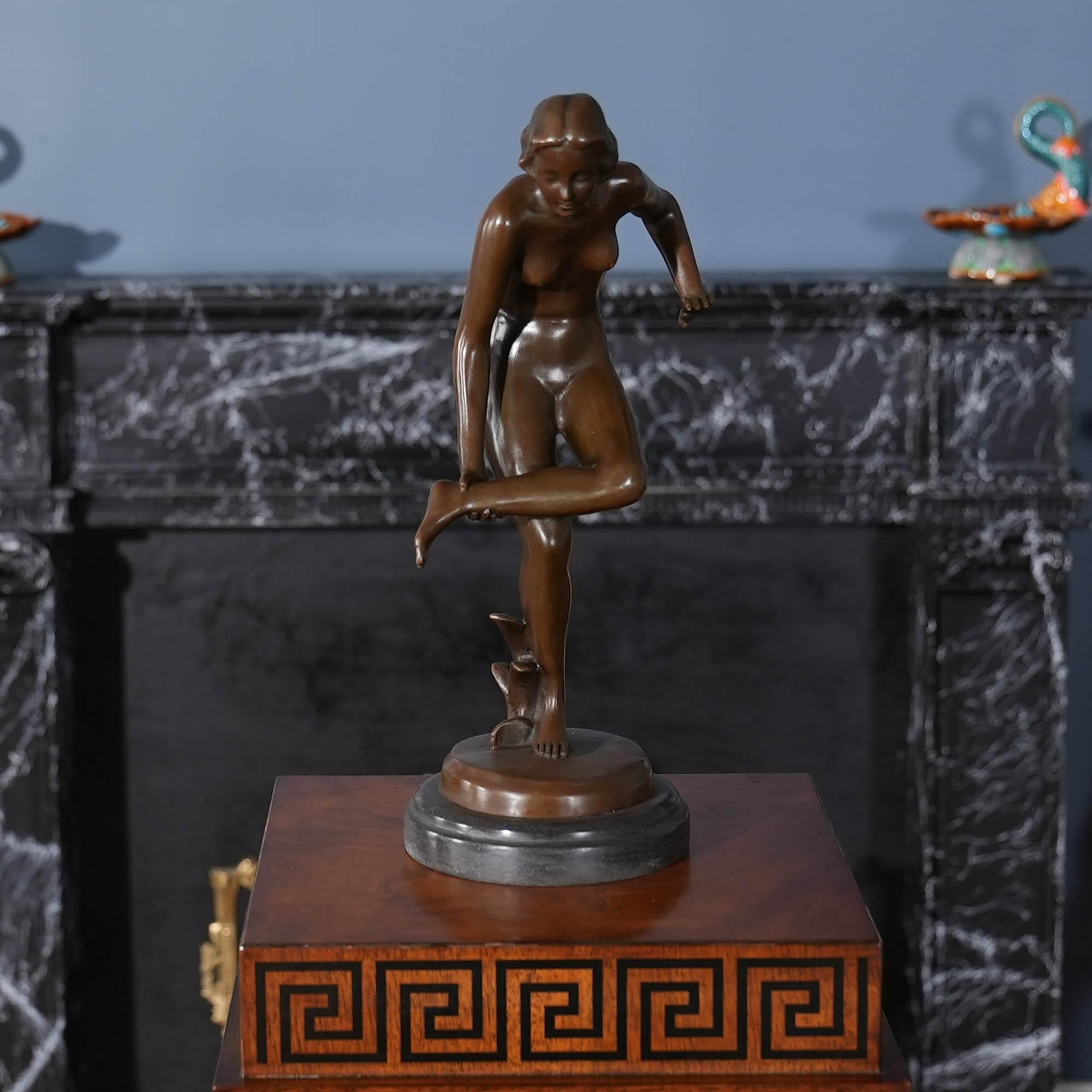 Hand-Crafted Bronze Girl with Thorn in Foot on Marble Base For Sale