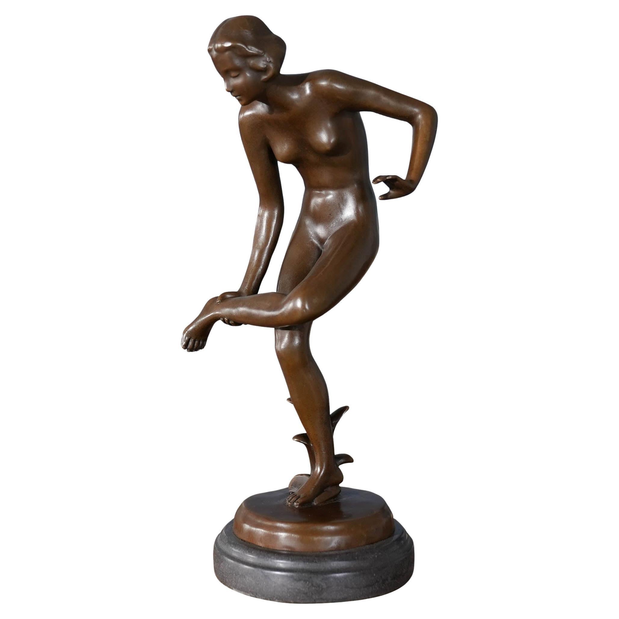 Bronze Girl with Thorn in Foot on Marble Base For Sale
