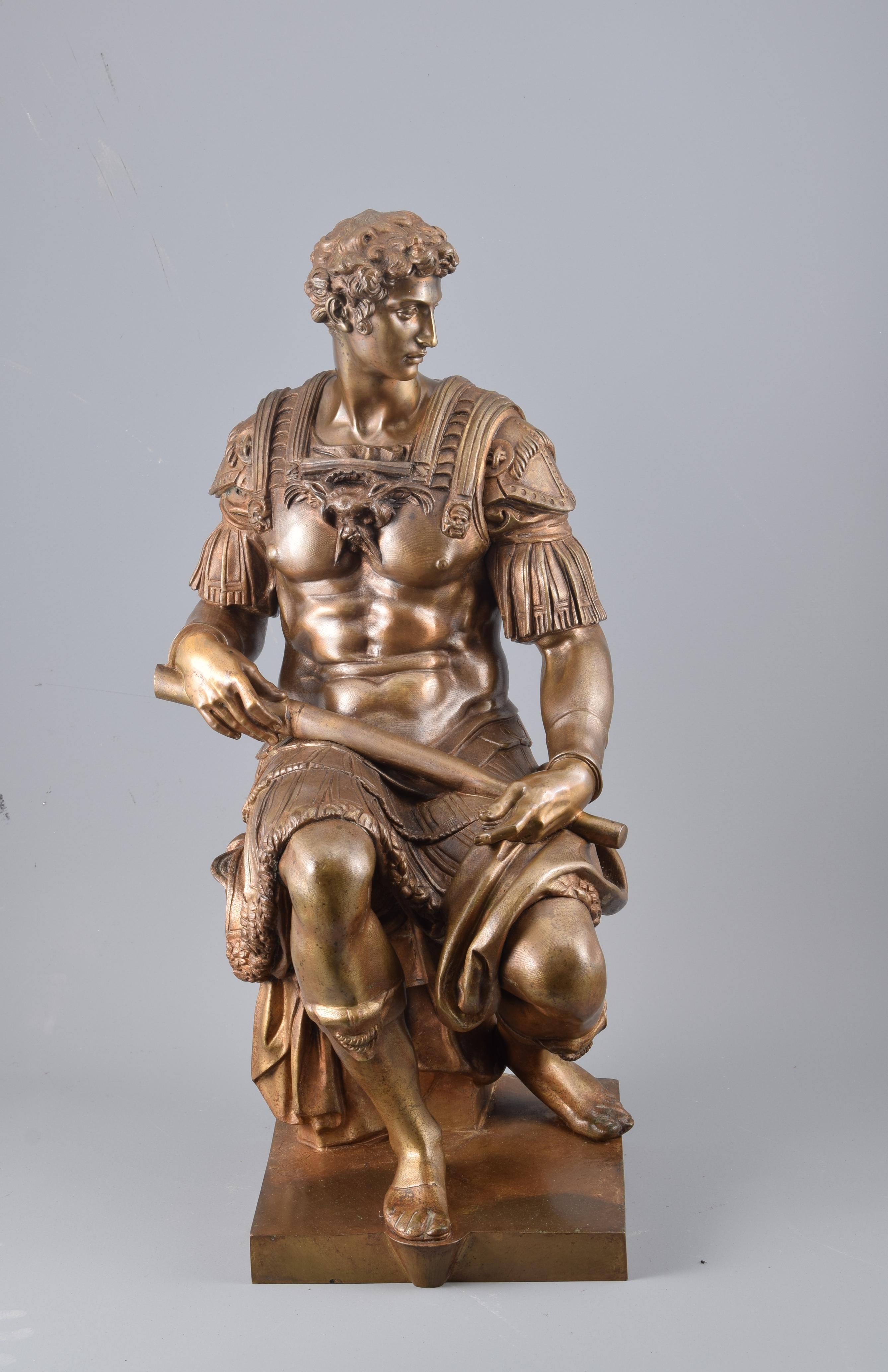 Julian II de Medici. Bronze. France, 19th century, following the models of Michelangelo Buonarroti.
Bronze sculpture inspired by a well-known work by the master Michelangelo Buonarroti, specifically in the sculpture of Juliano II de Medici