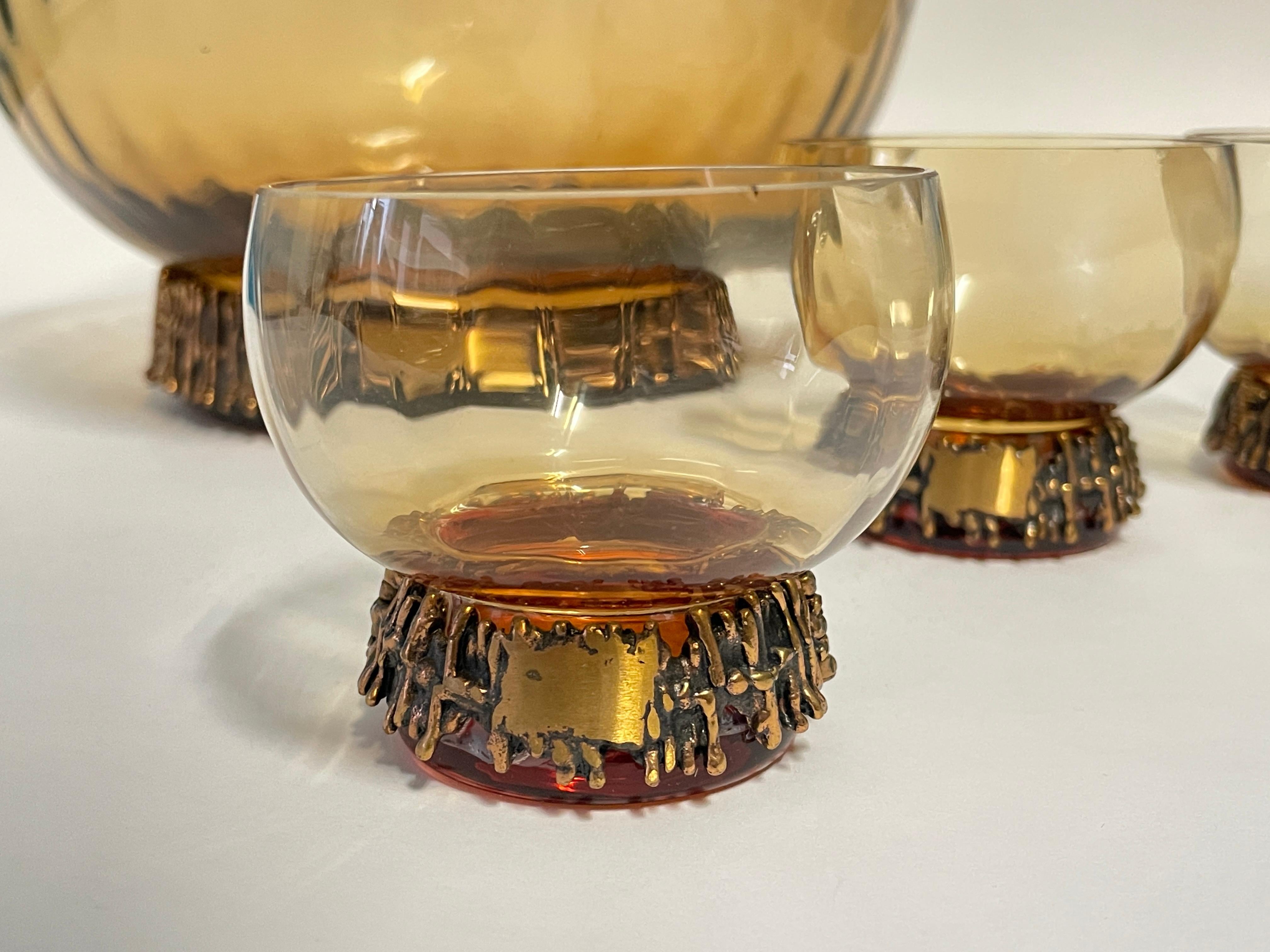 Finnish Bronze/Glass Bowl and 4pcs Punch Glasses from 1960s by Pentti Sarpaneva For Sale