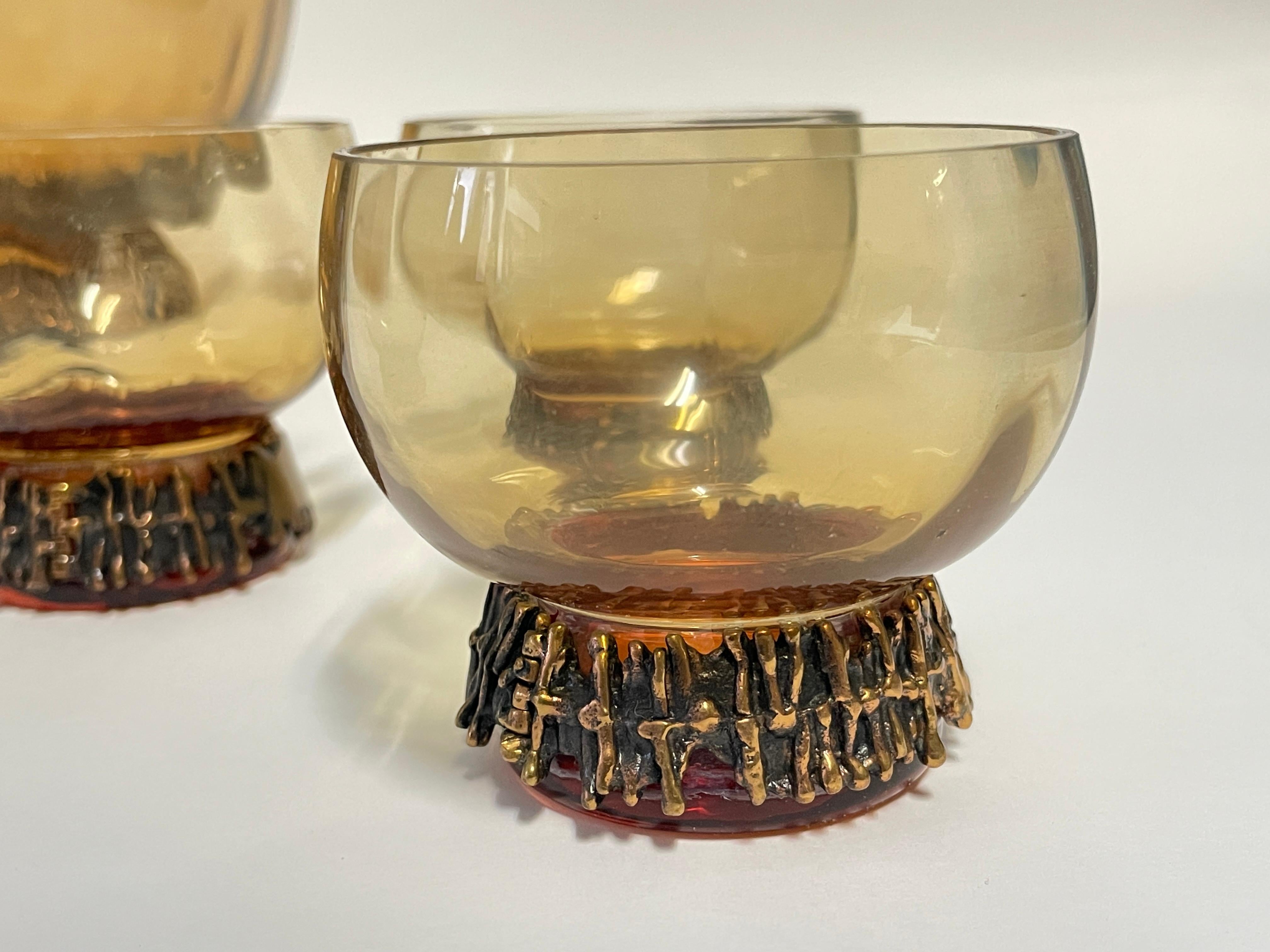 20th Century Bronze/Glass Bowl and 4pcs Punch Glasses from 1960s by Pentti Sarpaneva For Sale