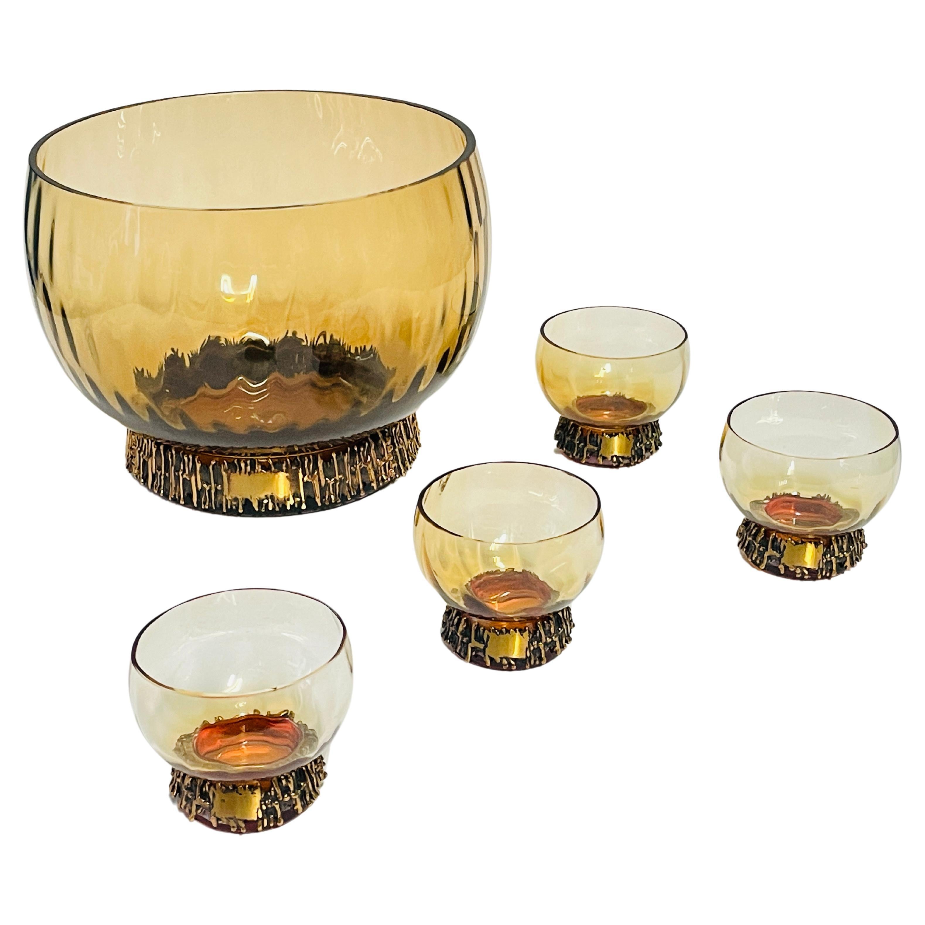 Bronze/Glass Bowl and 4pcs Punch Glasses from 1960s by Pentti Sarpaneva For Sale