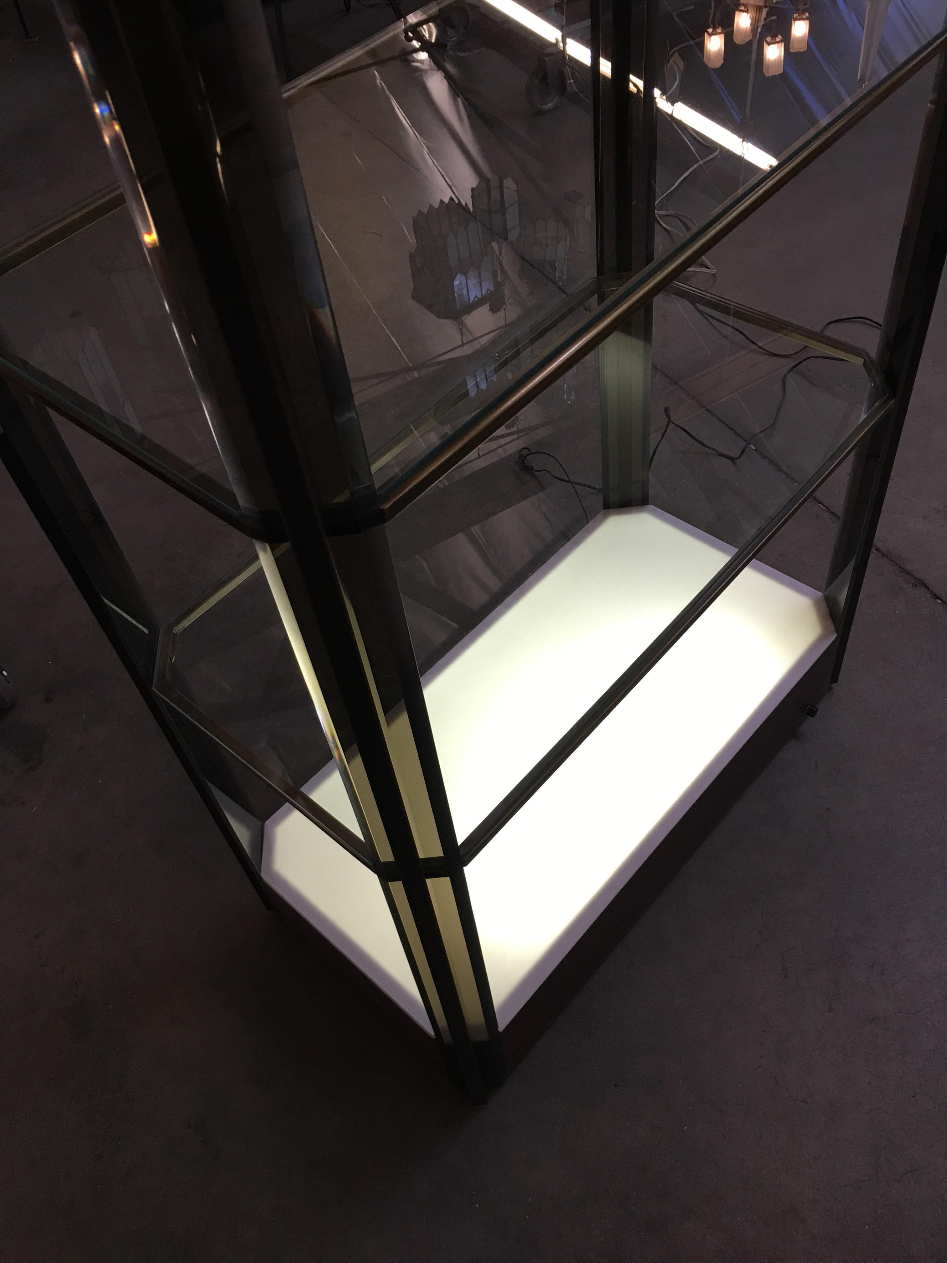 Late 20th Century Bronze Glass Light Up Shelf Étagère with Smoked Acrylic Accents For Sale