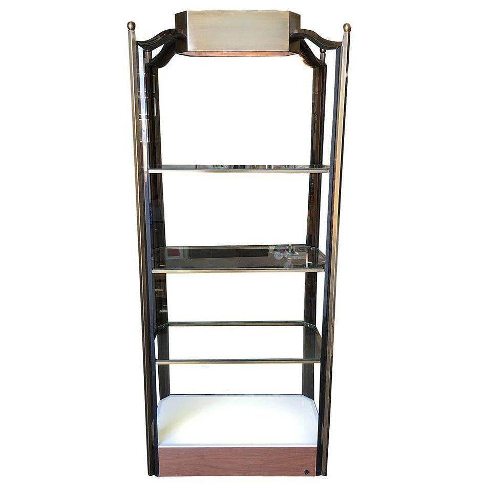 Etagere illuminata in vetro dell'era della discoteca vintage con cornice in bronzo e accenti in acrilico fumé. La mensola è dotata di un'esclusiva base luminosa e di un grande faretto sulla parte superiore. Questo pezzo è in condizioni eccellenti.