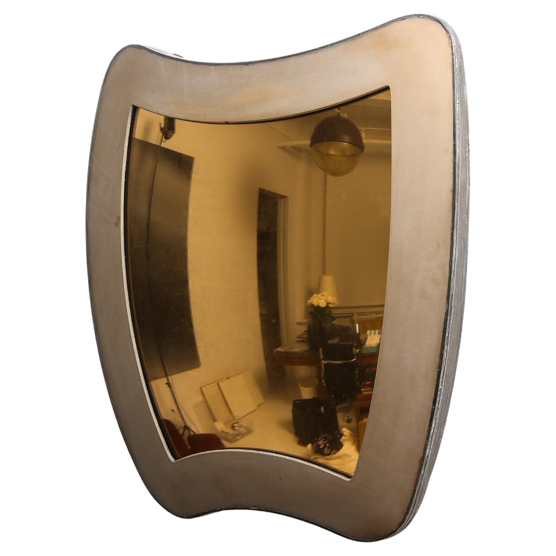 Shield shape with convexity and contrasting bronze glass textures — etched border and antiqued center panel. Inquire for custom commissions. 