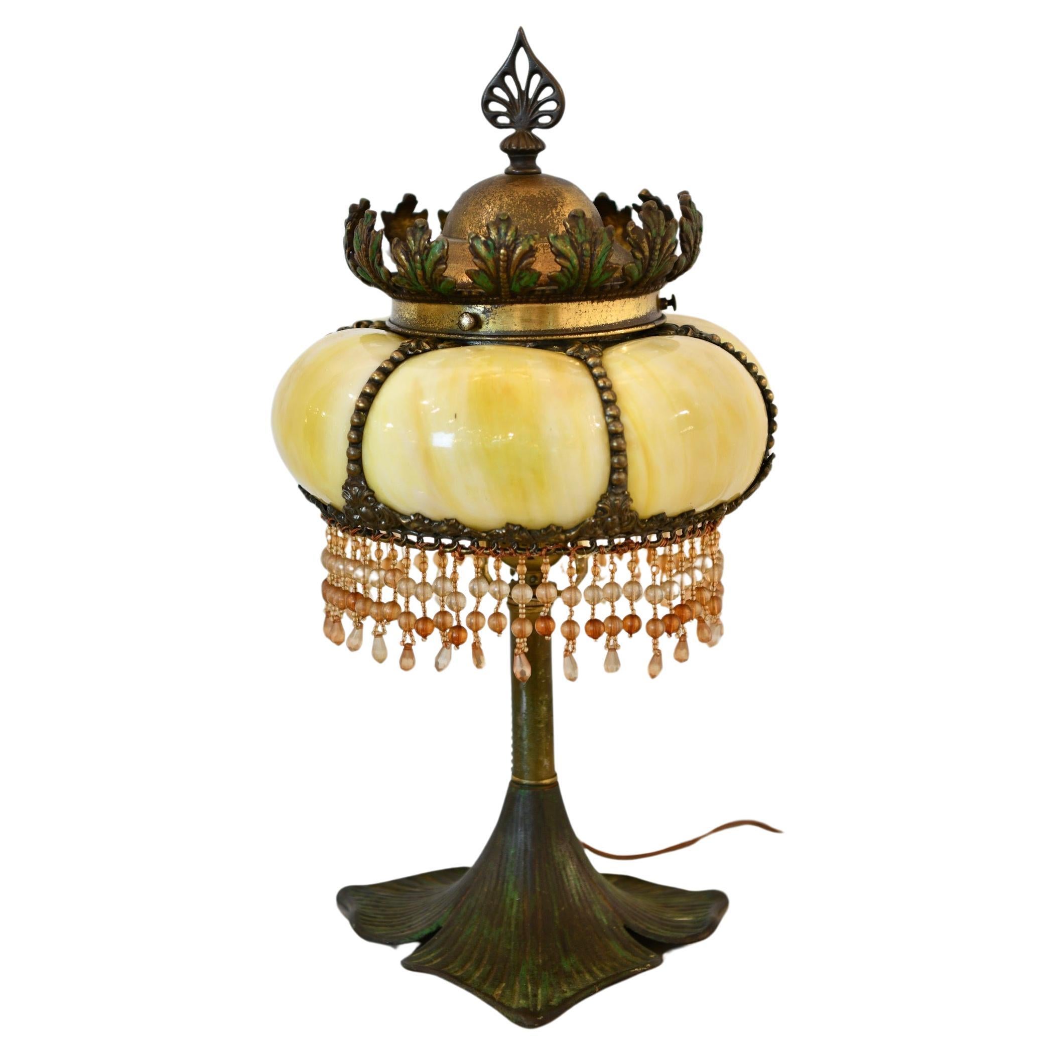 Bronze & Glass Table Lamp with Beads For Sale