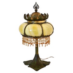 Antique Bronze & Glass Table Lamp with Beads