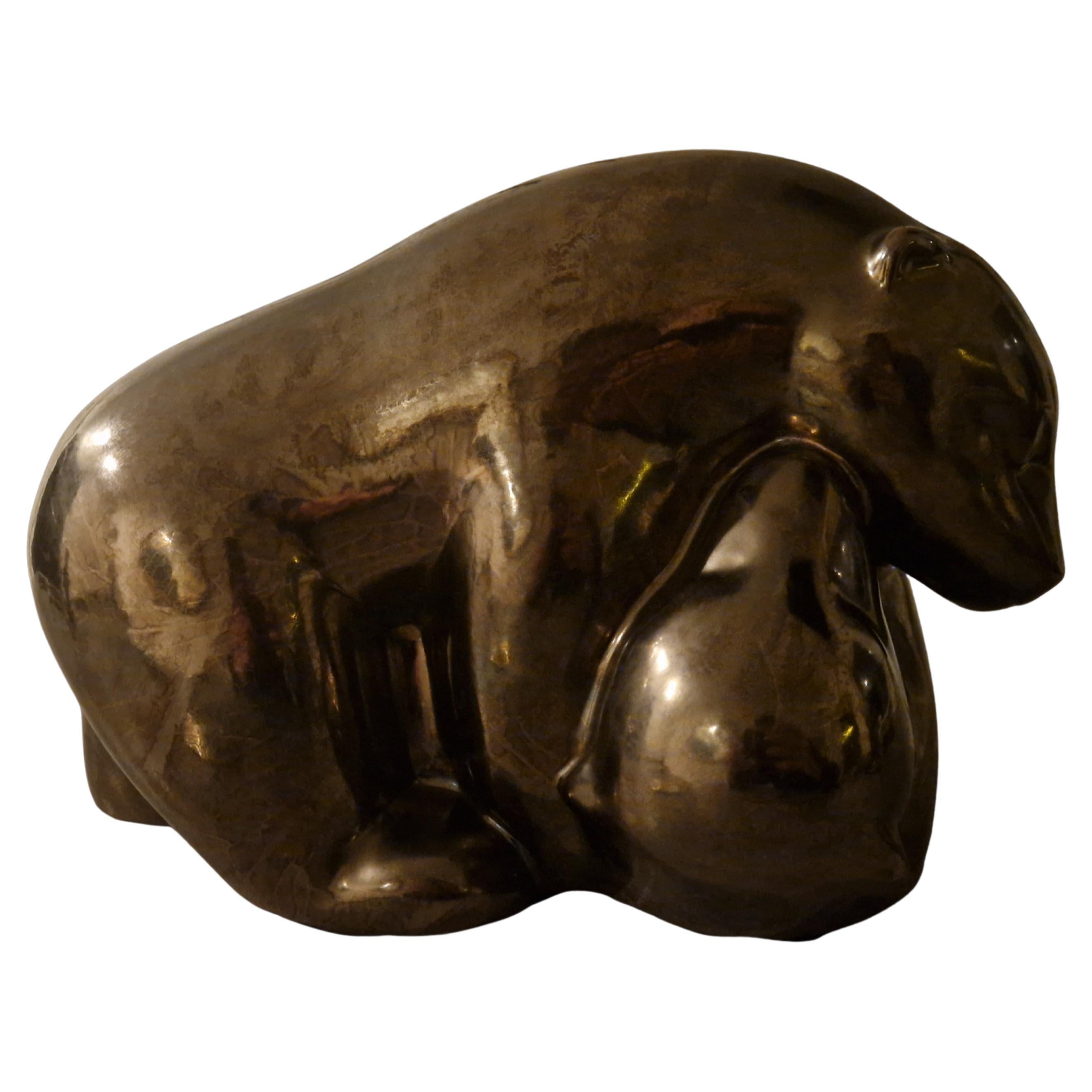 Bronze glazed ceramic bear statue, Spain 1940s For Sale