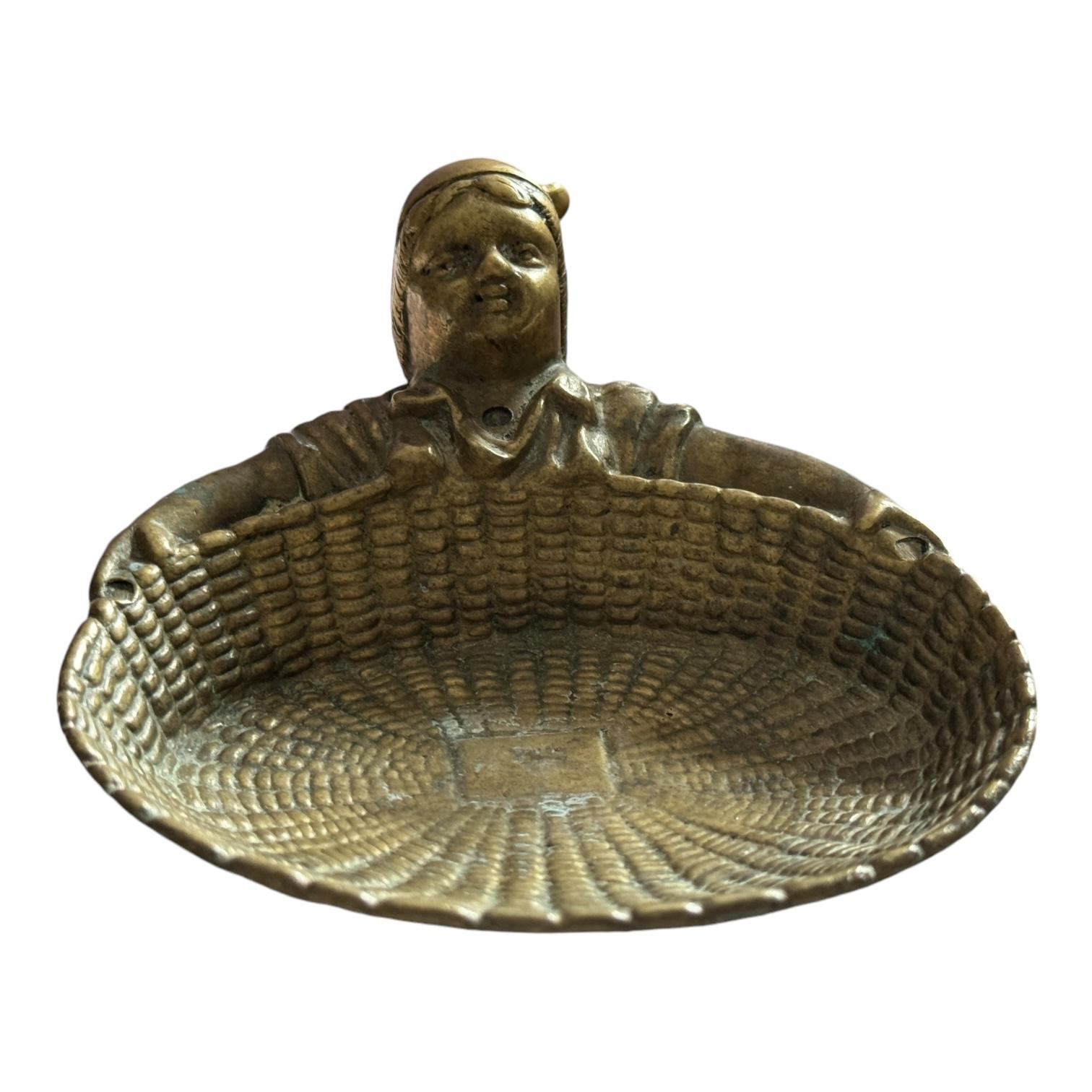 Mid-Century Modern Bronze Gnome Holding Basket Trinket Dish Tray Desktop Item, Vintage Italy For Sale