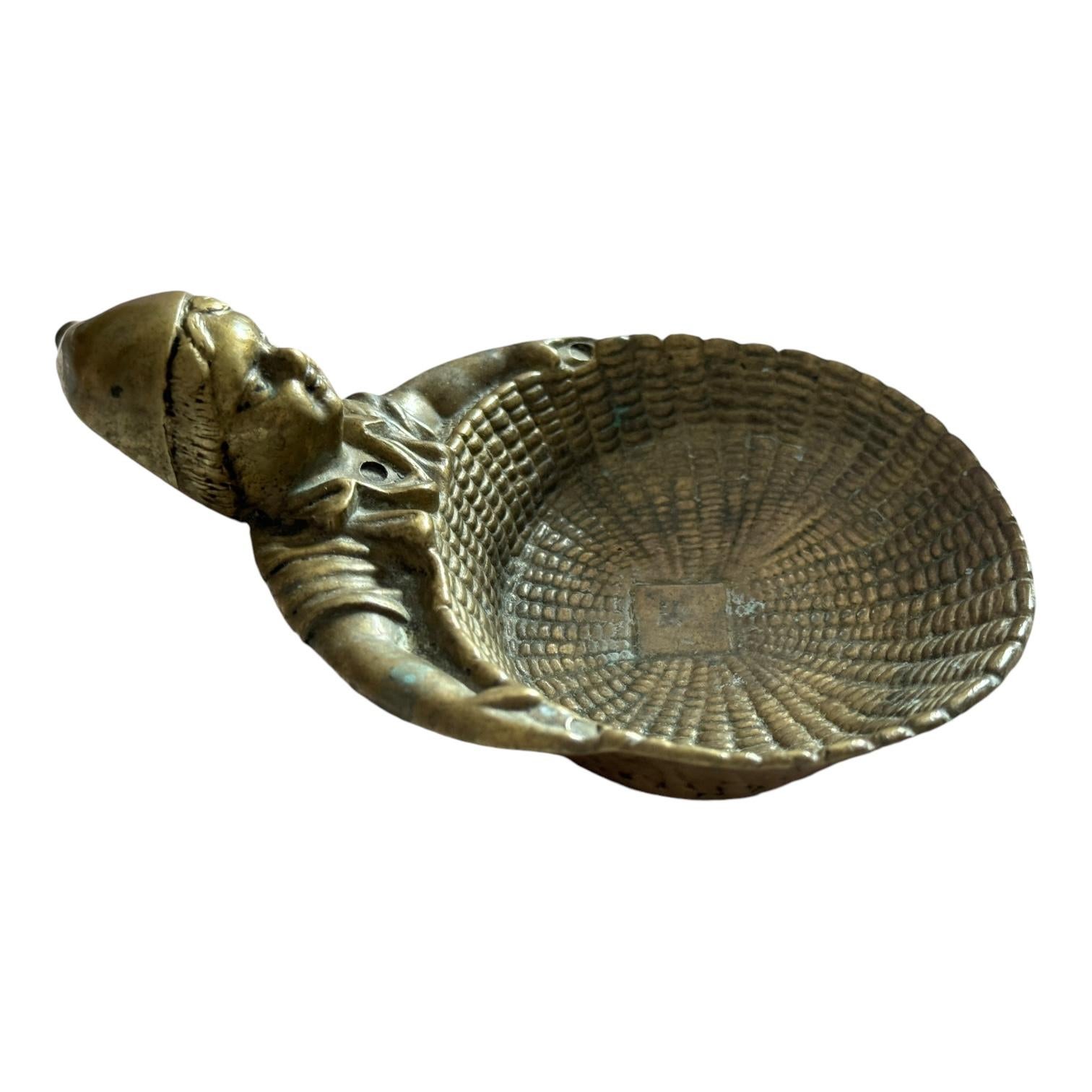 Mid-20th Century Bronze Gnome Holding Basket Trinket Dish Tray Desktop Item, Vintage Italy For Sale