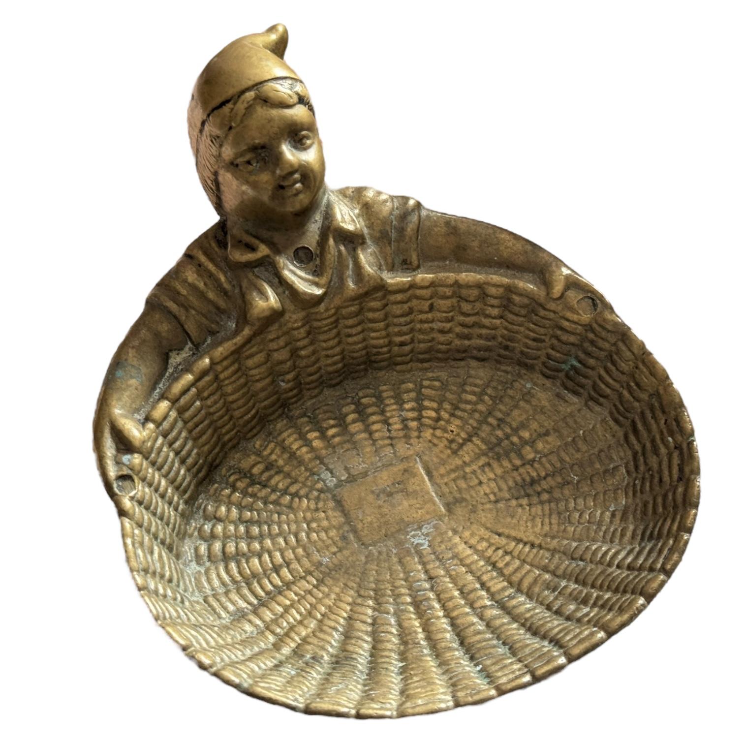 Bronze Gnome Holding Basket Trinket Dish Tray Desktop Item, Vintage Italy For Sale 1