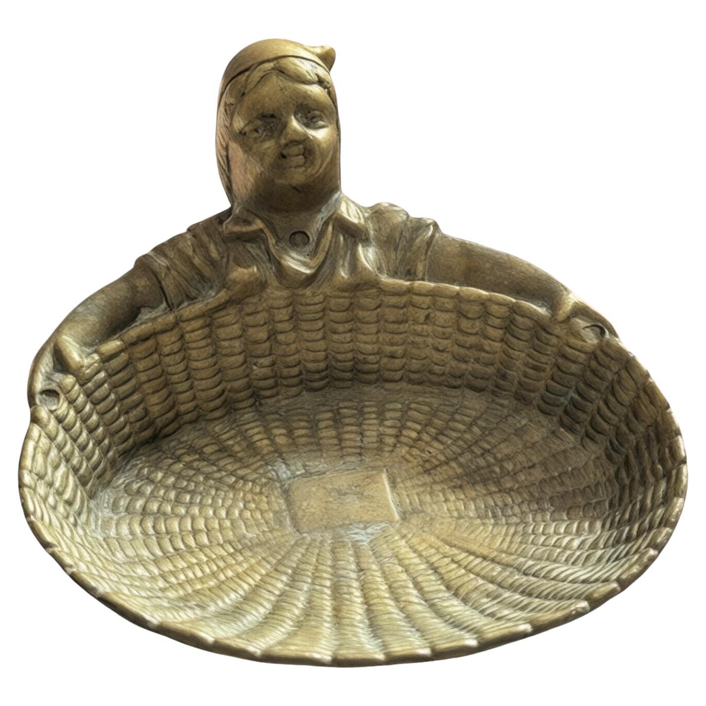 Bronze Gnome Holding Basket Trinket Dish Tray Desktop Item, Vintage Italy
