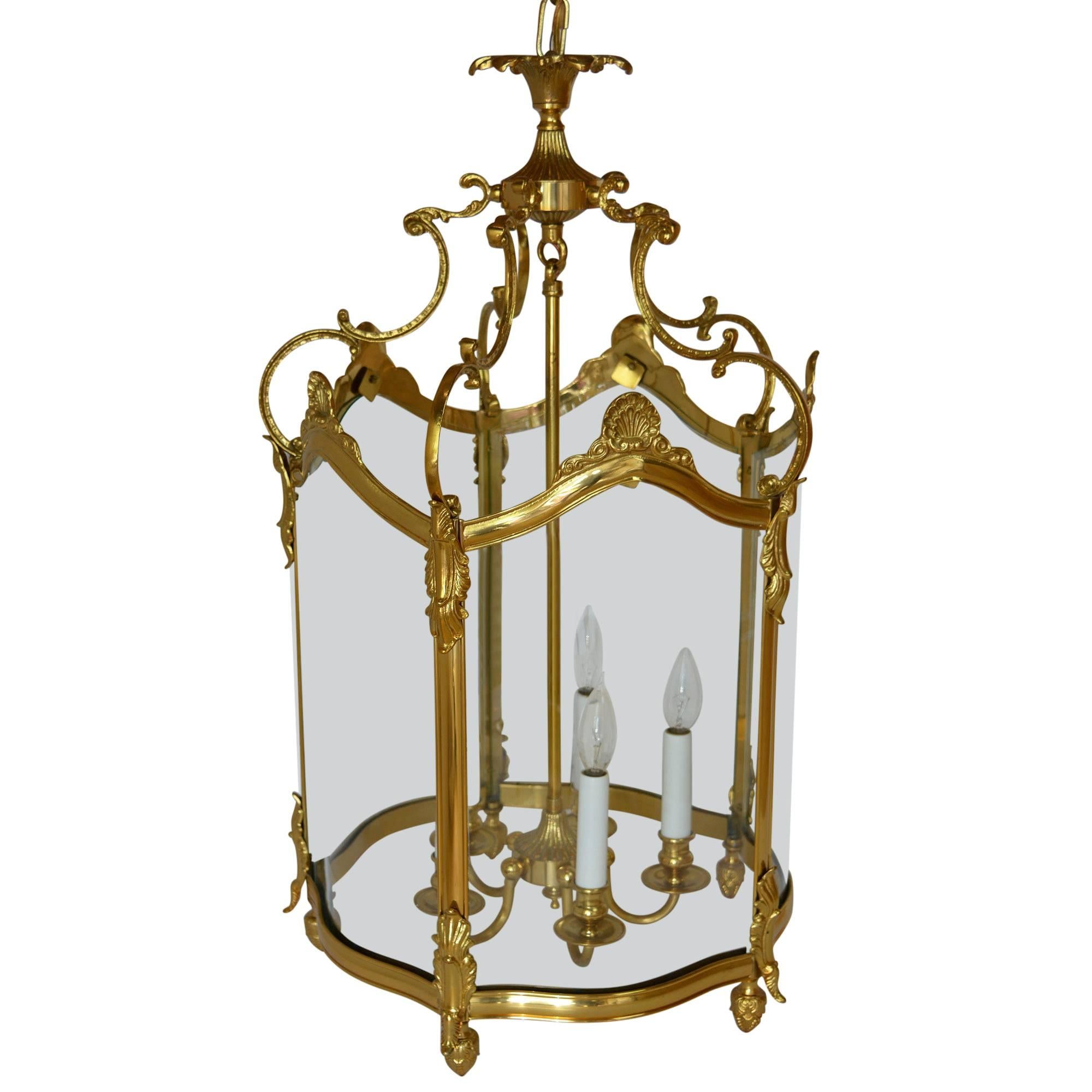 Bronze Gold Gilt Rounded Glass Lantern Fixture Chandelier For Sale