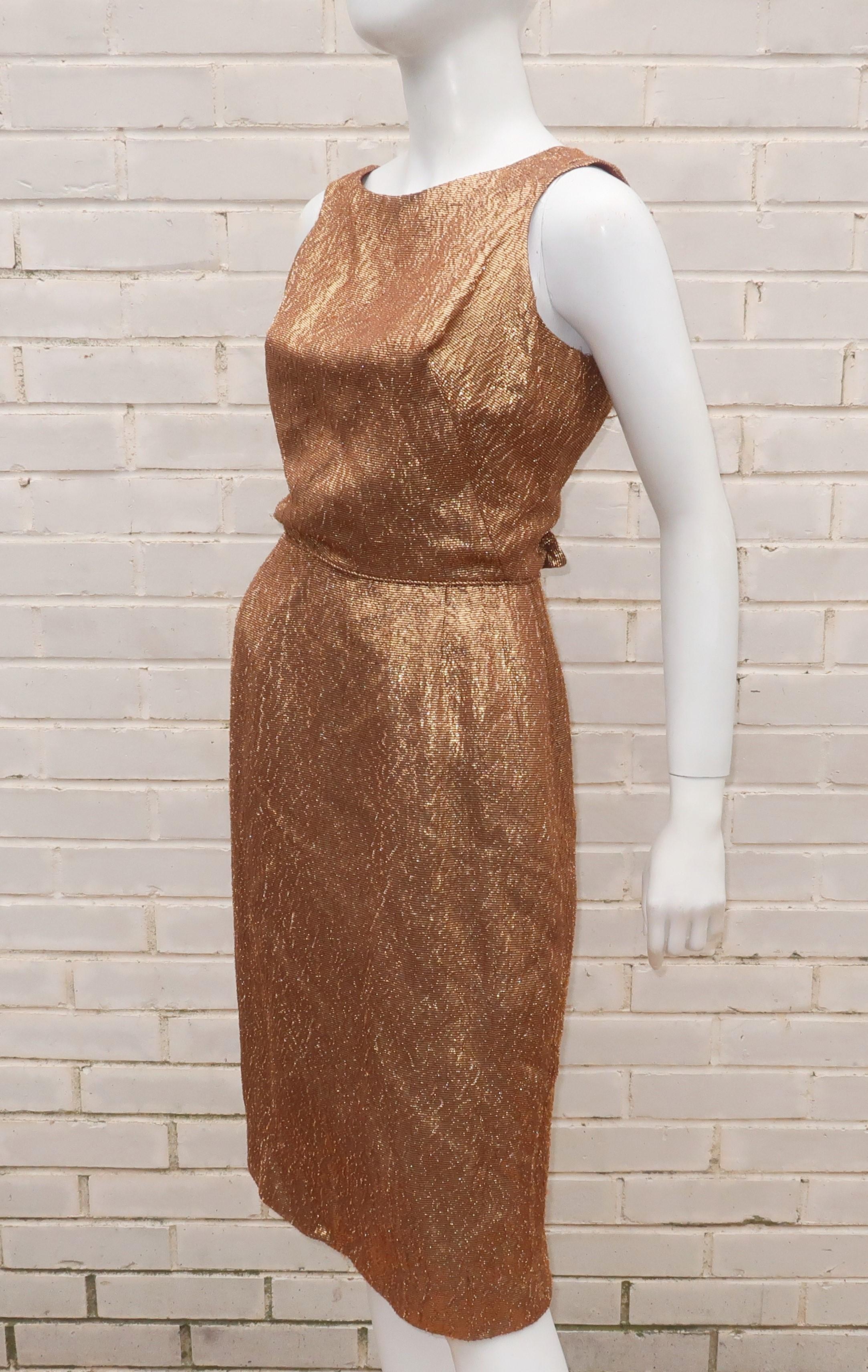 Brown Bronze Gold Lamé Wiggle Dress With Cut Out Bow Back, 1950's For Sale